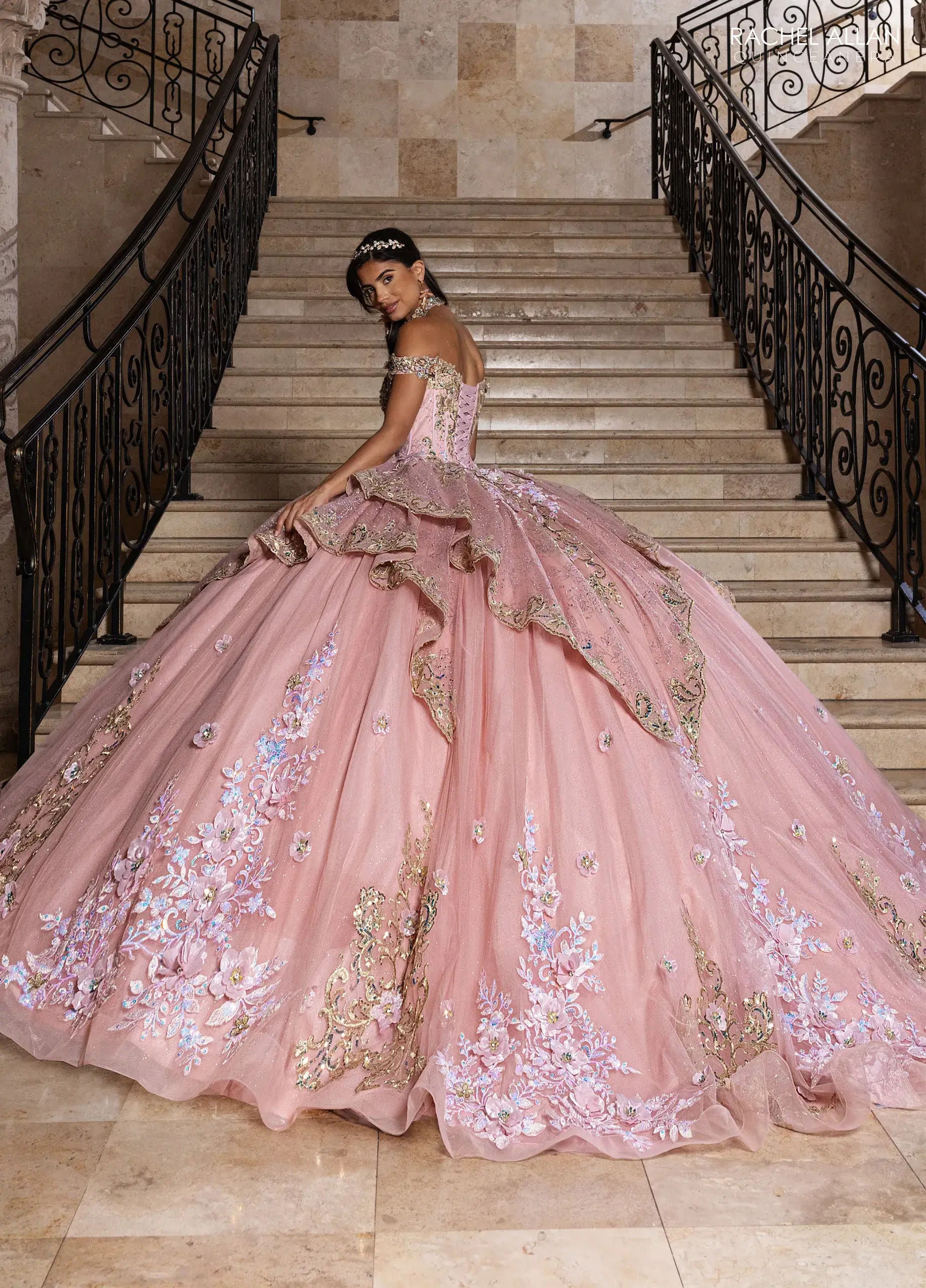 Rose Gold Off-the-Shoulder Floor-Length Sequin Quinceañera Dress with Floral Appliqué – Rachel Allan RQ6010