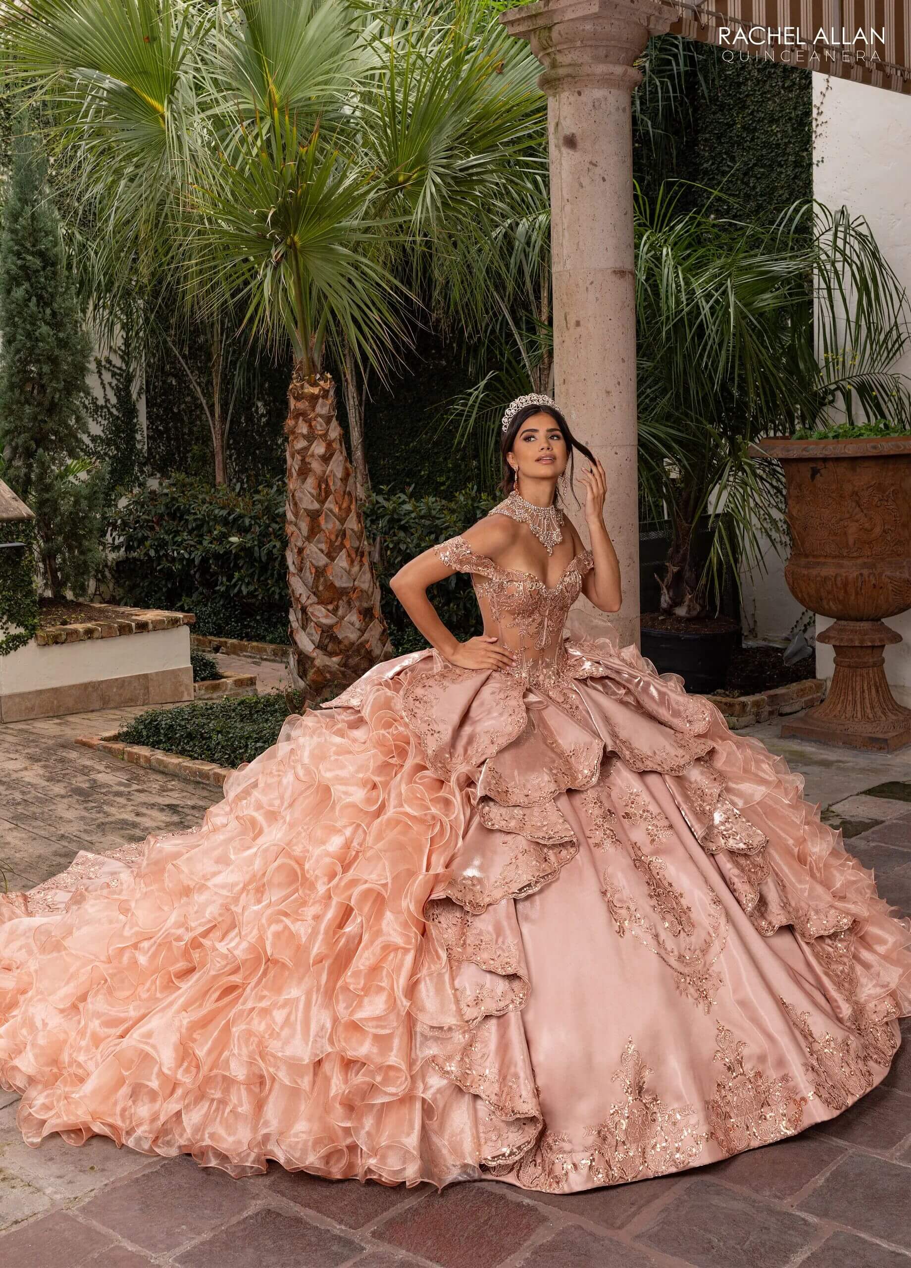 Latte Rose Gold Off the Shoulder Floor Length Crystal Satin Quinceanera Ball Gown with Tiered Ruffle Train Rachel Allan RQ6004