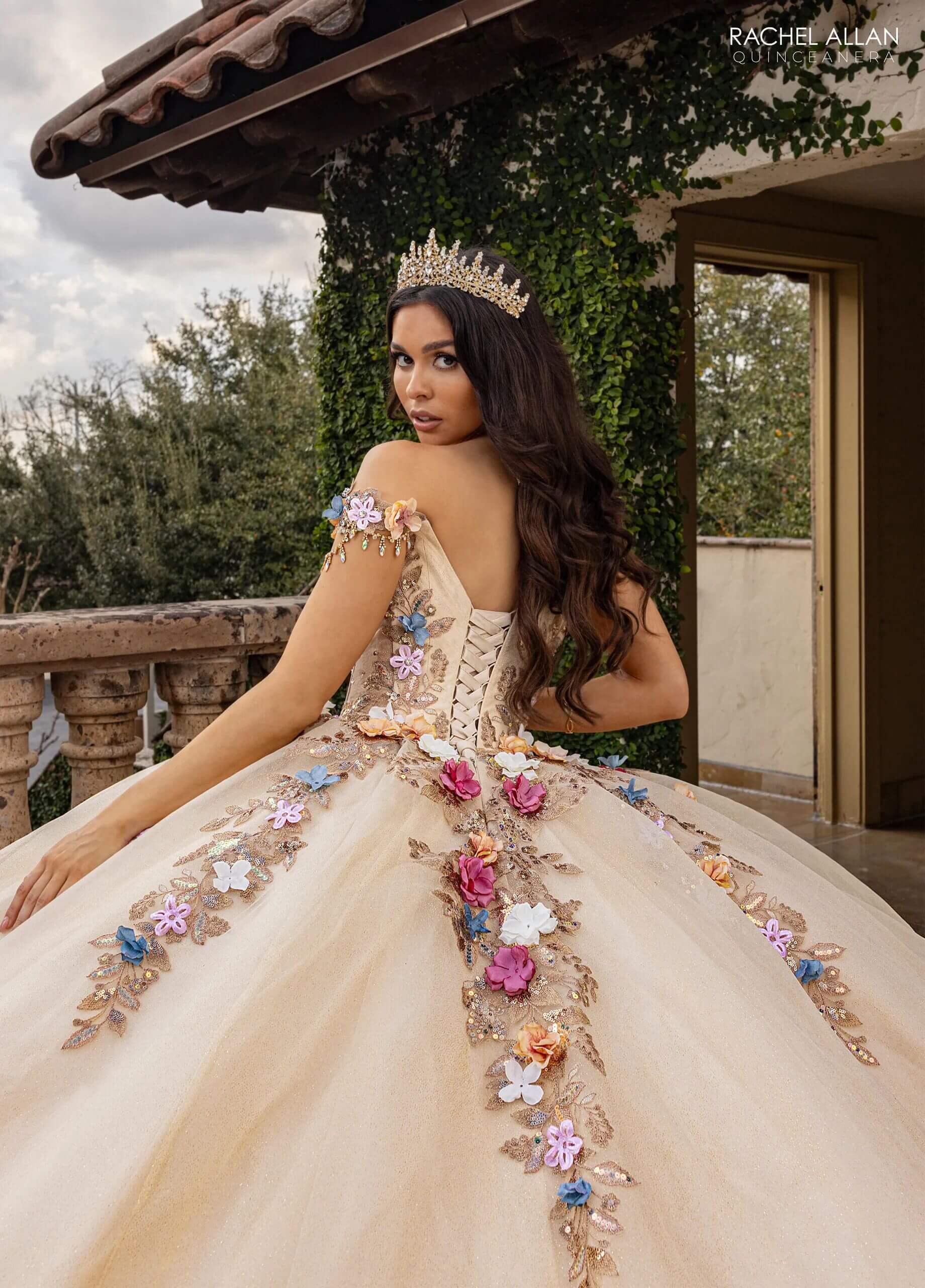 Blush Multi Sweetheart Floor Length Glitter Tulle Quinceanera Ball Gown with 3D Floral Applique Ruffled Hem Rachel Allan RQ6000