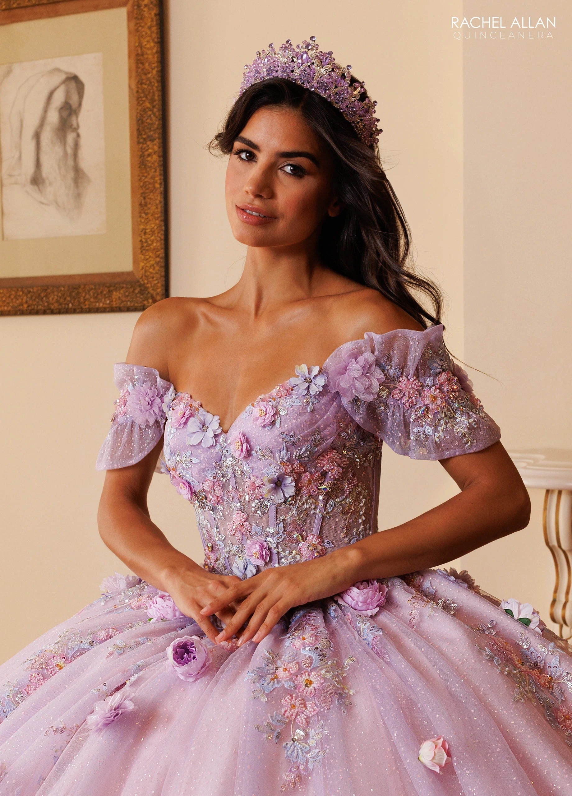 Off-the-Shoulder Floor-Length Tulle Quinceañe Ball Gown Rachel Allan RQ6022