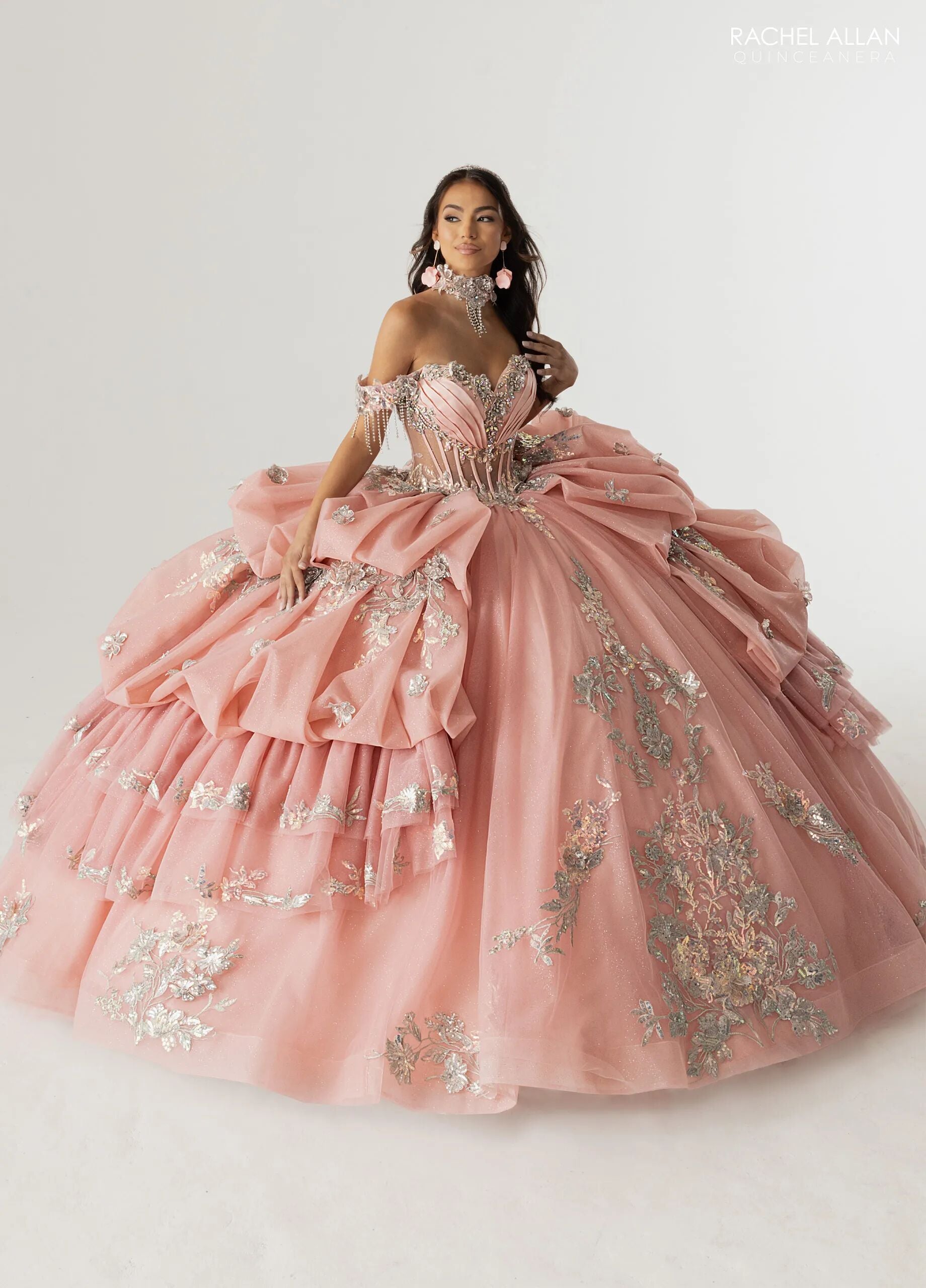 Rose Pink Silver Off-the-Shoulder Floor-Length Tulle Gown with Floral Embellishments Formal Gown Rachel Allan RQ6014