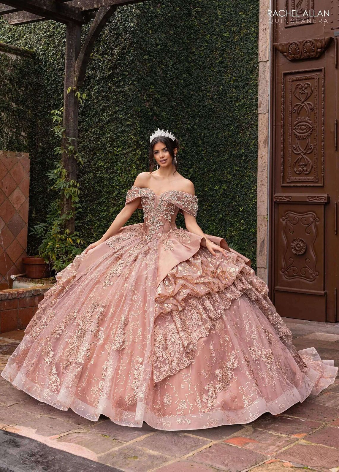 Latte Off the Shoulder Floor Length Tulle Quinceanera Ball Gown with Beading Rachel Allan RQ6001