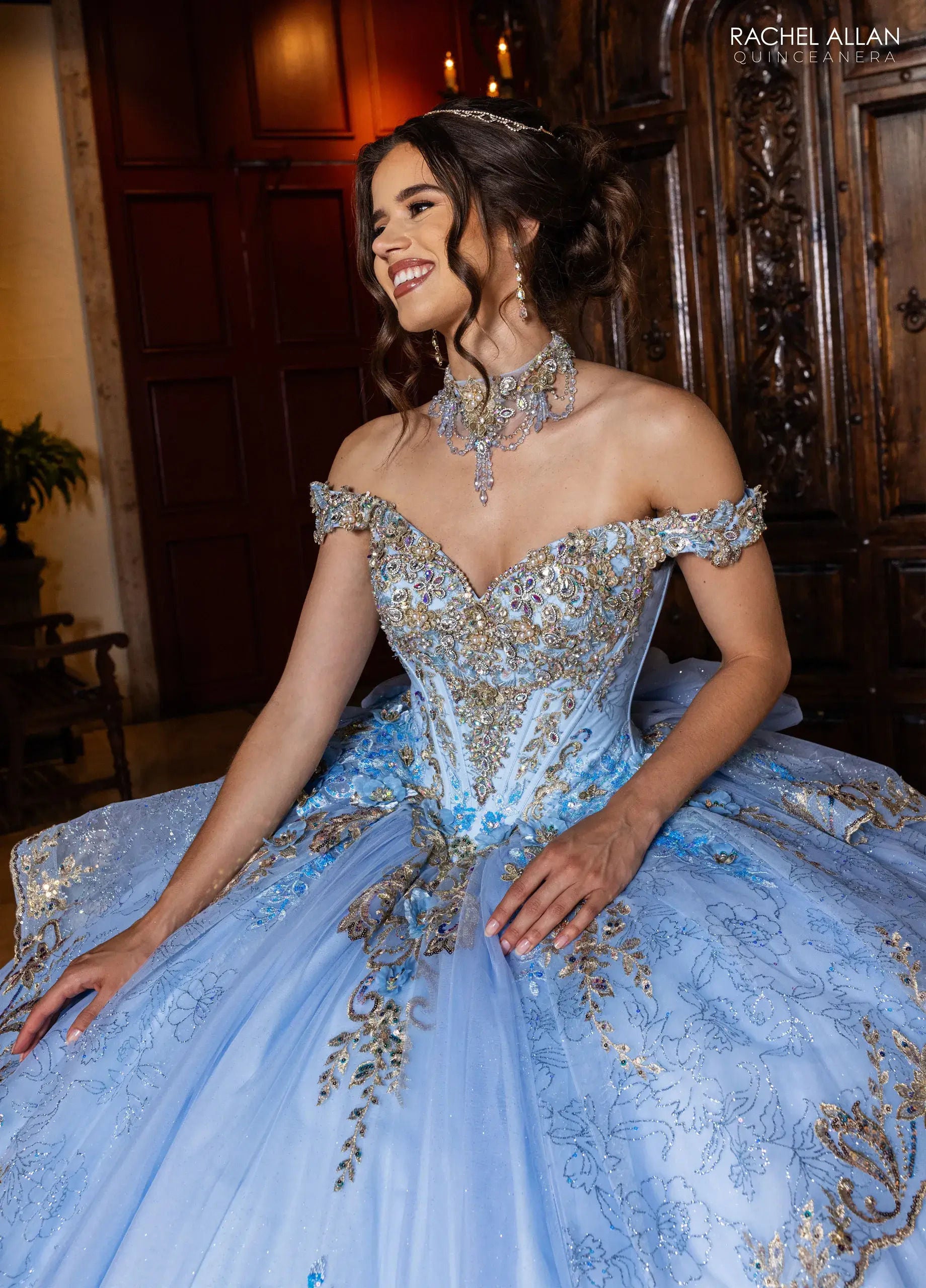 Light Blue Gold Off-the-Shoulder Floor-Length Sequin Quinceañera Dress with Floral Appliqué – Rachel Allan RQ6010