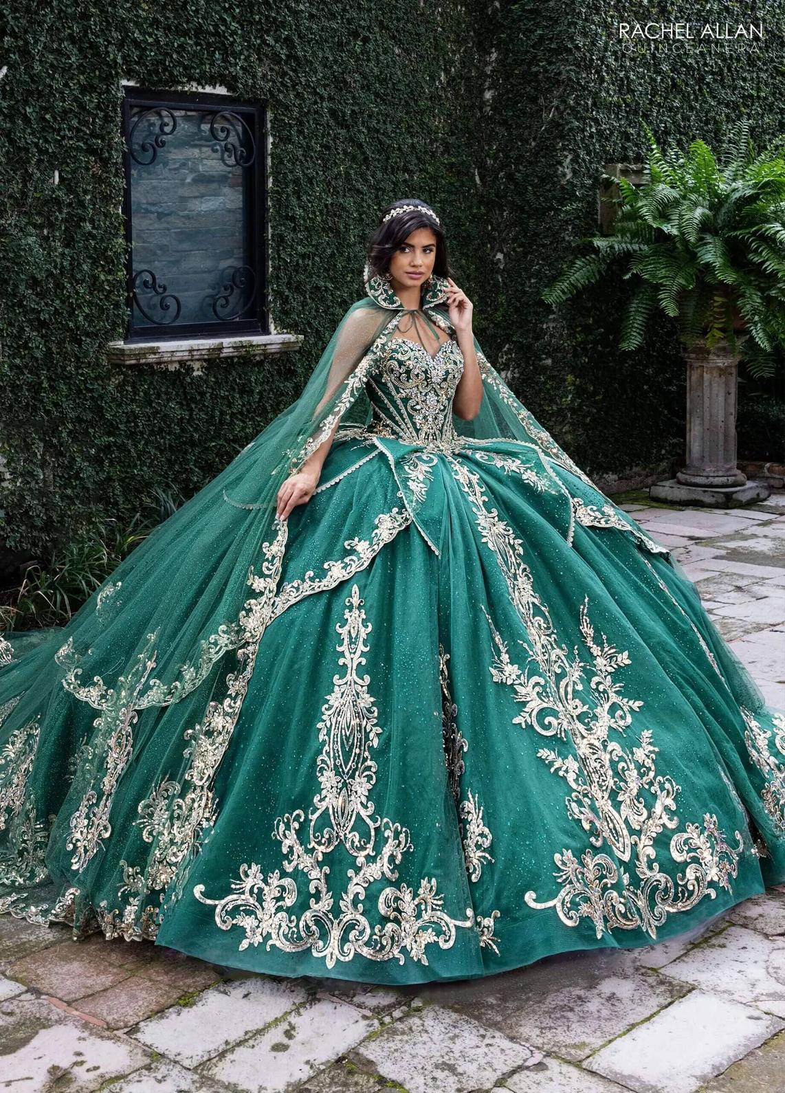 Emerald Gold Sweetheart Floor-Length Glitter Tulle Gown with Detachable Cape Formal Gown Rachel Allan RQ6015