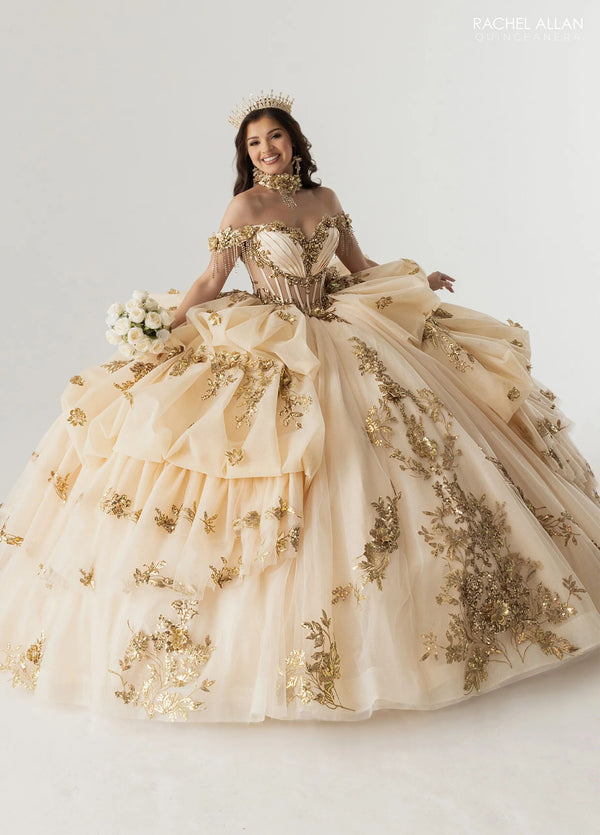 Off-the-Shoulder Floor-Length Tulle Gown with Floral Embellishments Formal Gown Rachel Allan RQ6014