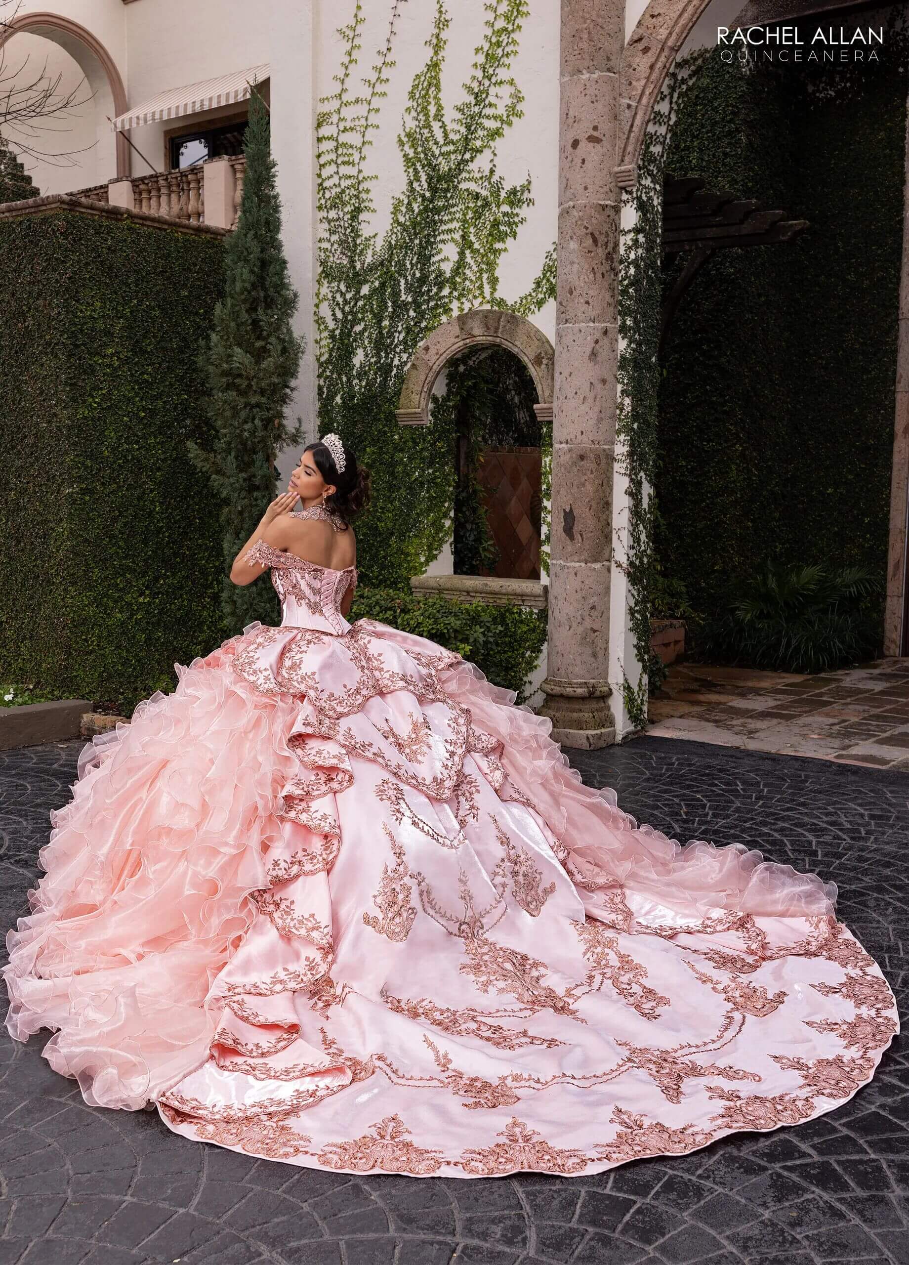 Rose Gold Off the Shoulder Floor Length Crystal Satin Quinceanera Ball Gown with Tiered Ruffle Train Rachel Allan RQ6004