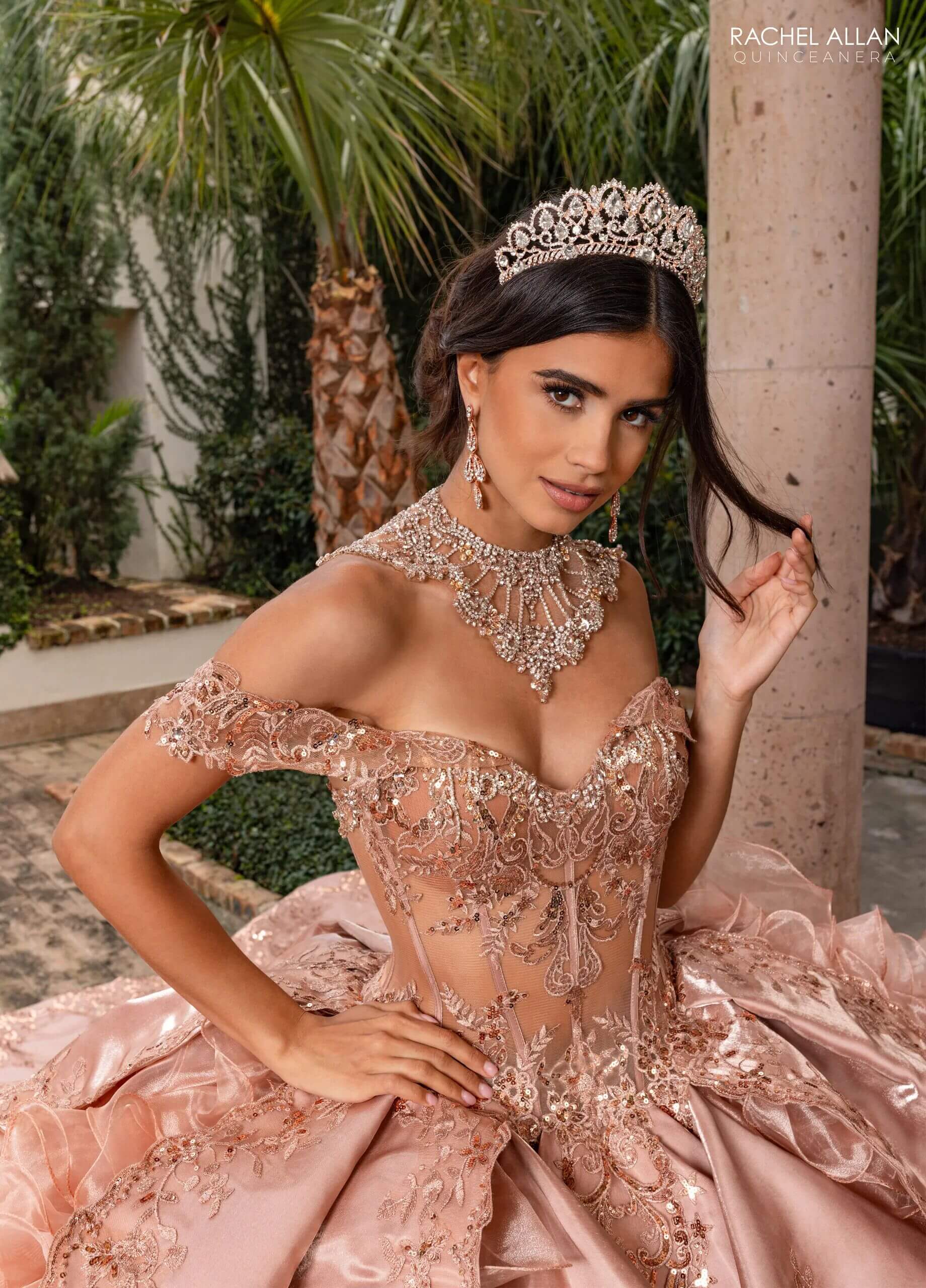 Latte Rose Gold Off the Shoulder Floor Length Crystal Satin Quinceanera Ball Gown with Tiered Ruffle Train Rachel Allan RQ6004