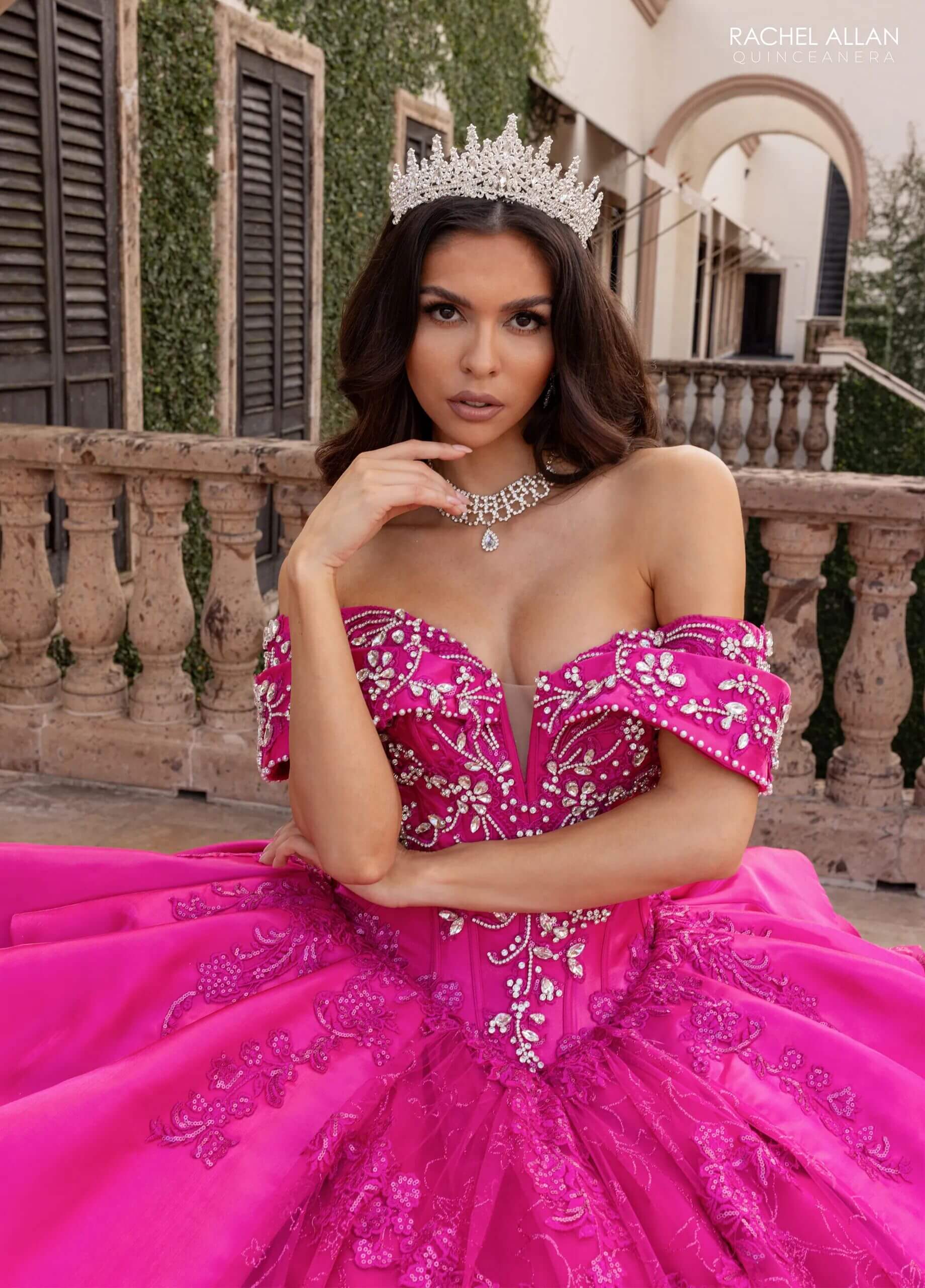 Fuchsia Off the Shoulder Floor Length Tulle Quinceanera Ball Gown with Beading Rachel Allan RQ6001