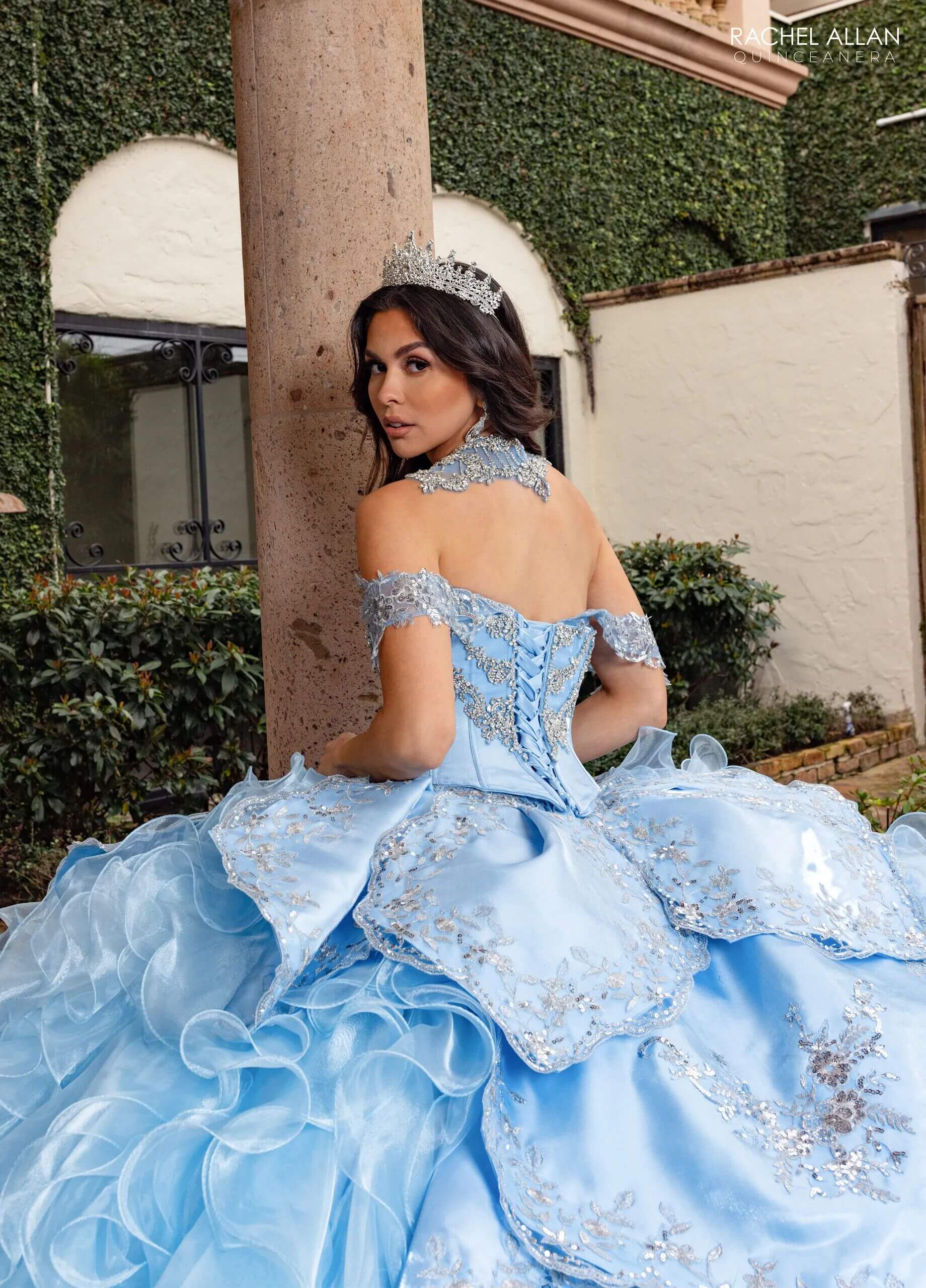 Cloud Blue Silver Off the Shoulder Floor Length Crystal Satin Quinceanera Ball Gown with Tiered Ruffle Train Rachel Allan RQ6004