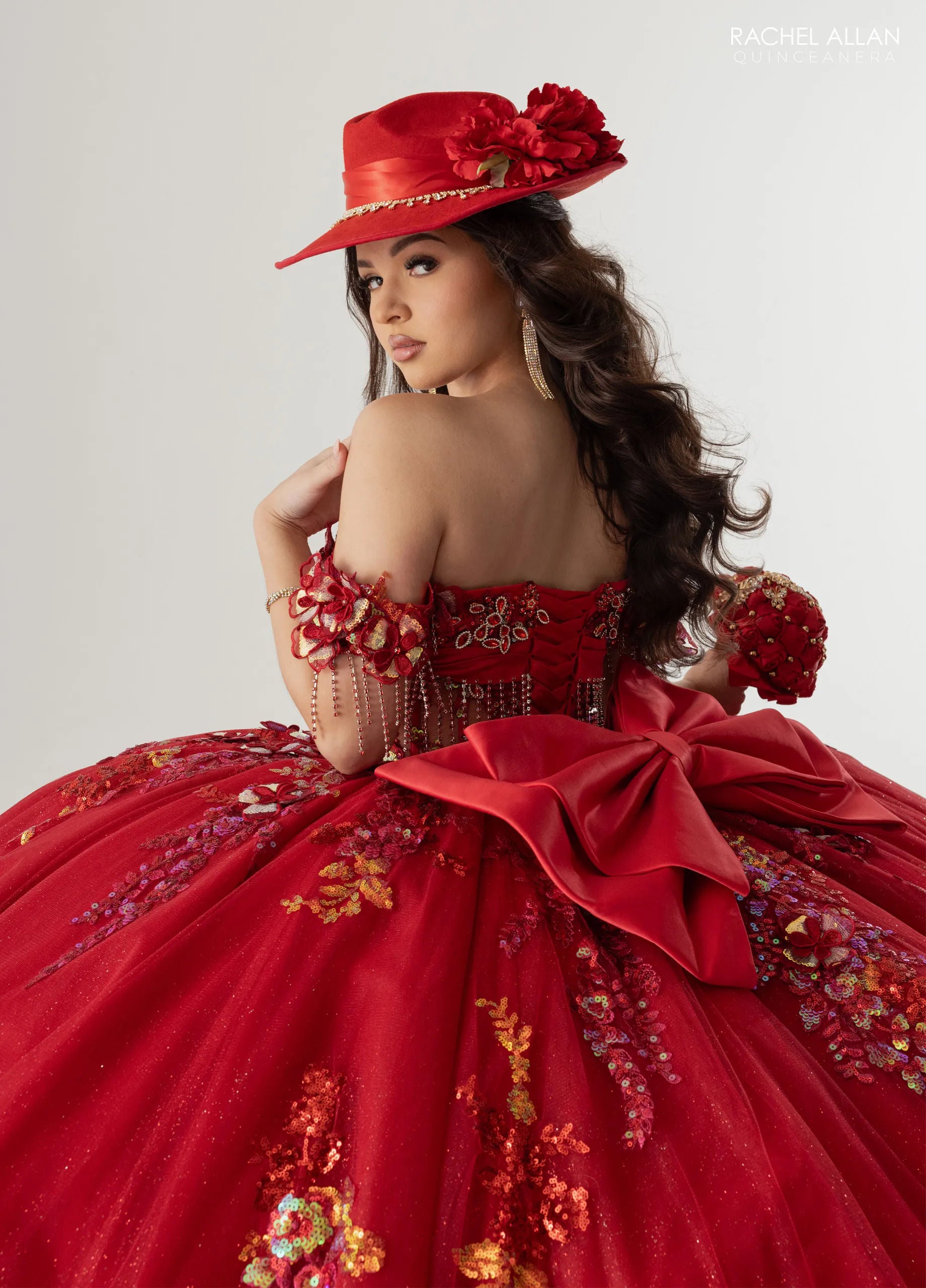 Deep Red Off-the-Shoulder Floor-Length Tulle Gown with Gold Sequin Embellishments Formal Gown Rachel Allan RQ6012