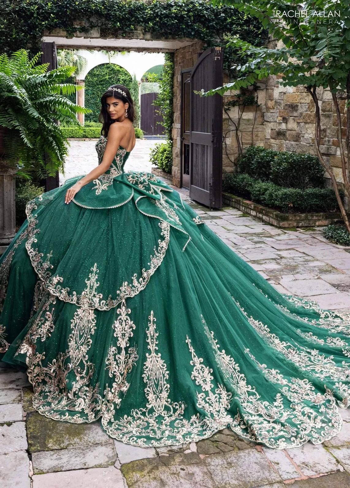 Emerald Gold Sweetheart Floor-Length Glitter Tulle Gown with Detachable Cape Formal Gown Rachel Allan RQ6015
