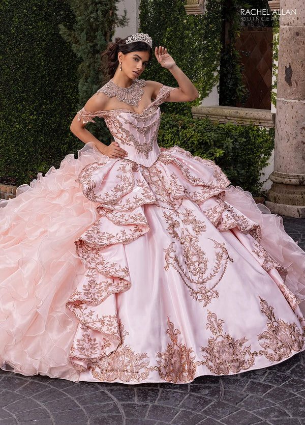 Off the Shoulder Floor Length Crystal Satin Quinceanera Ball Gown with Tiered Ruffle Train Rachel Allan RQ6004