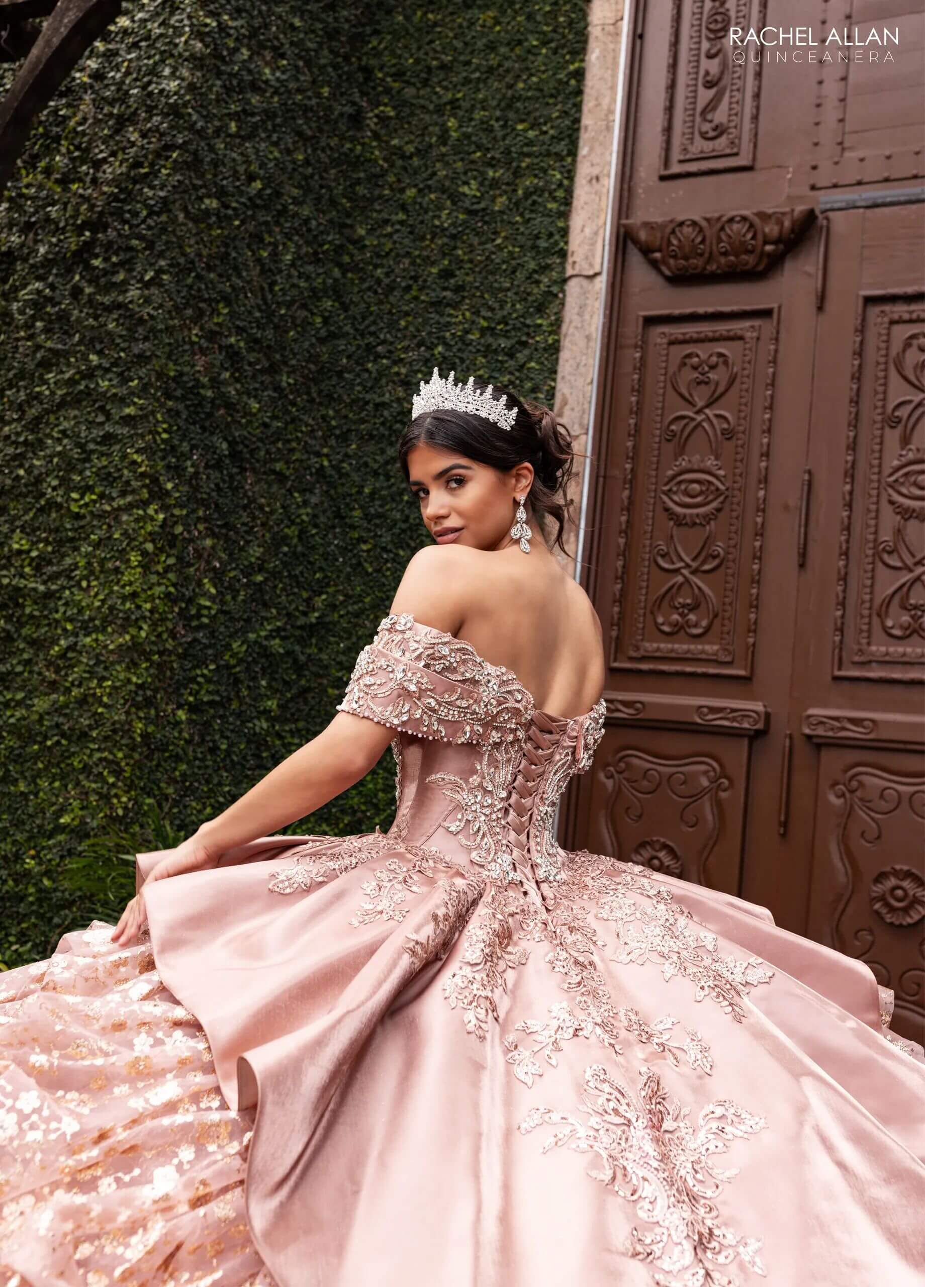 Latte Off the Shoulder Floor Length Tulle Quinceanera Ball Gown with Beading Rachel Allan RQ6001