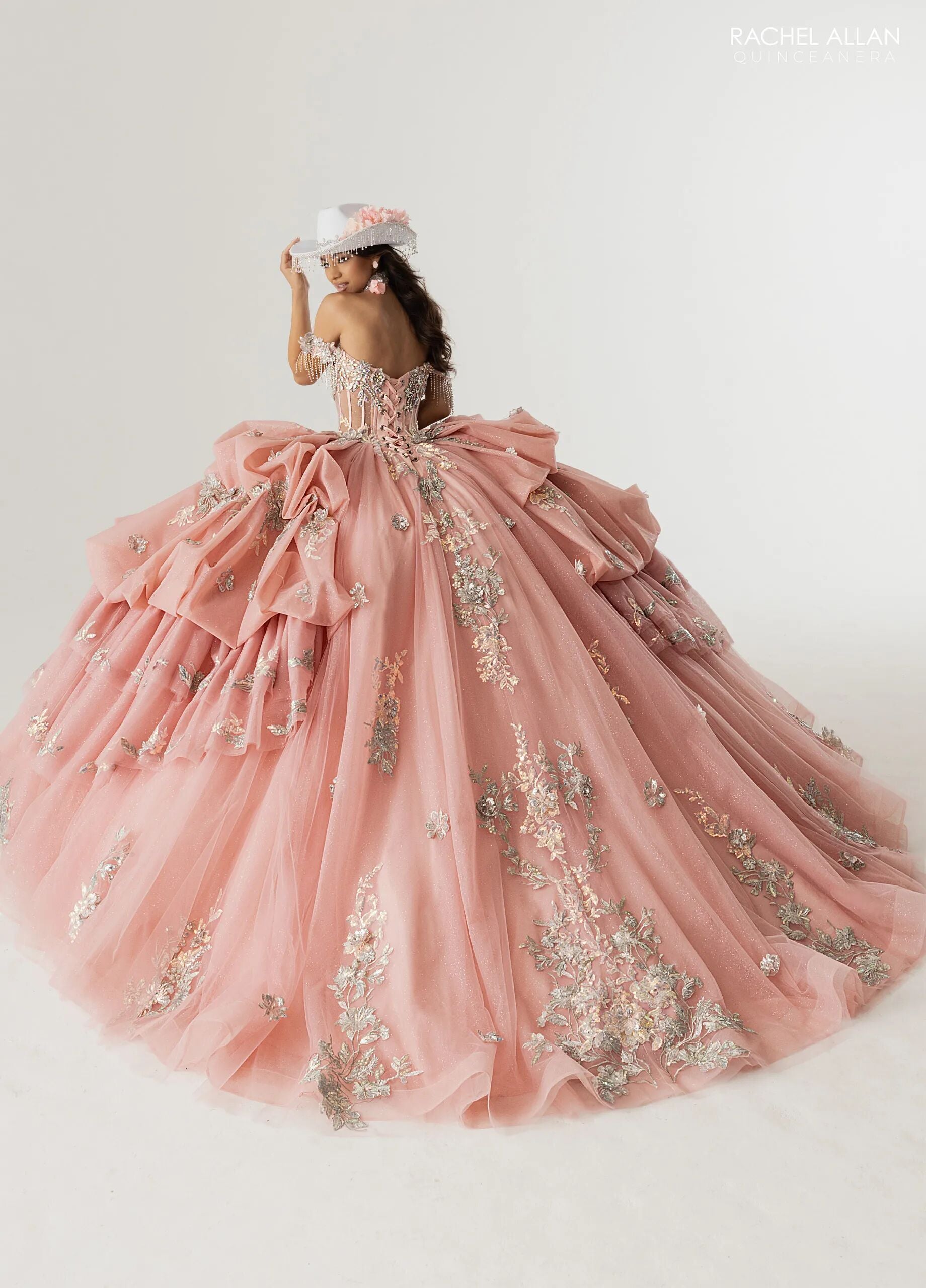Rose Pink Silver Off-the-Shoulder Floor-Length Tulle Gown with Floral Embellishments Formal Gown Rachel Allan RQ6014