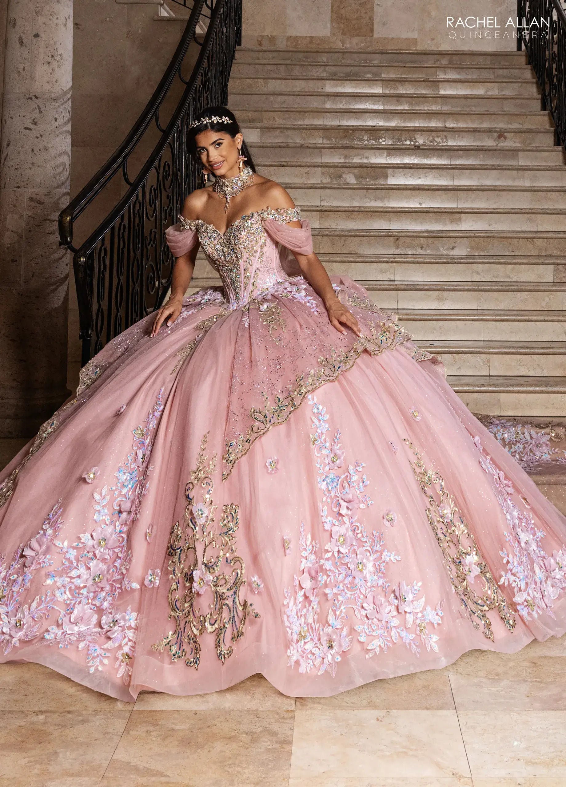 Rose Gold Off-the-Shoulder Floor-Length Sequin Quinceañera Dress with Floral Appliqué – Rachel Allan RQ6010