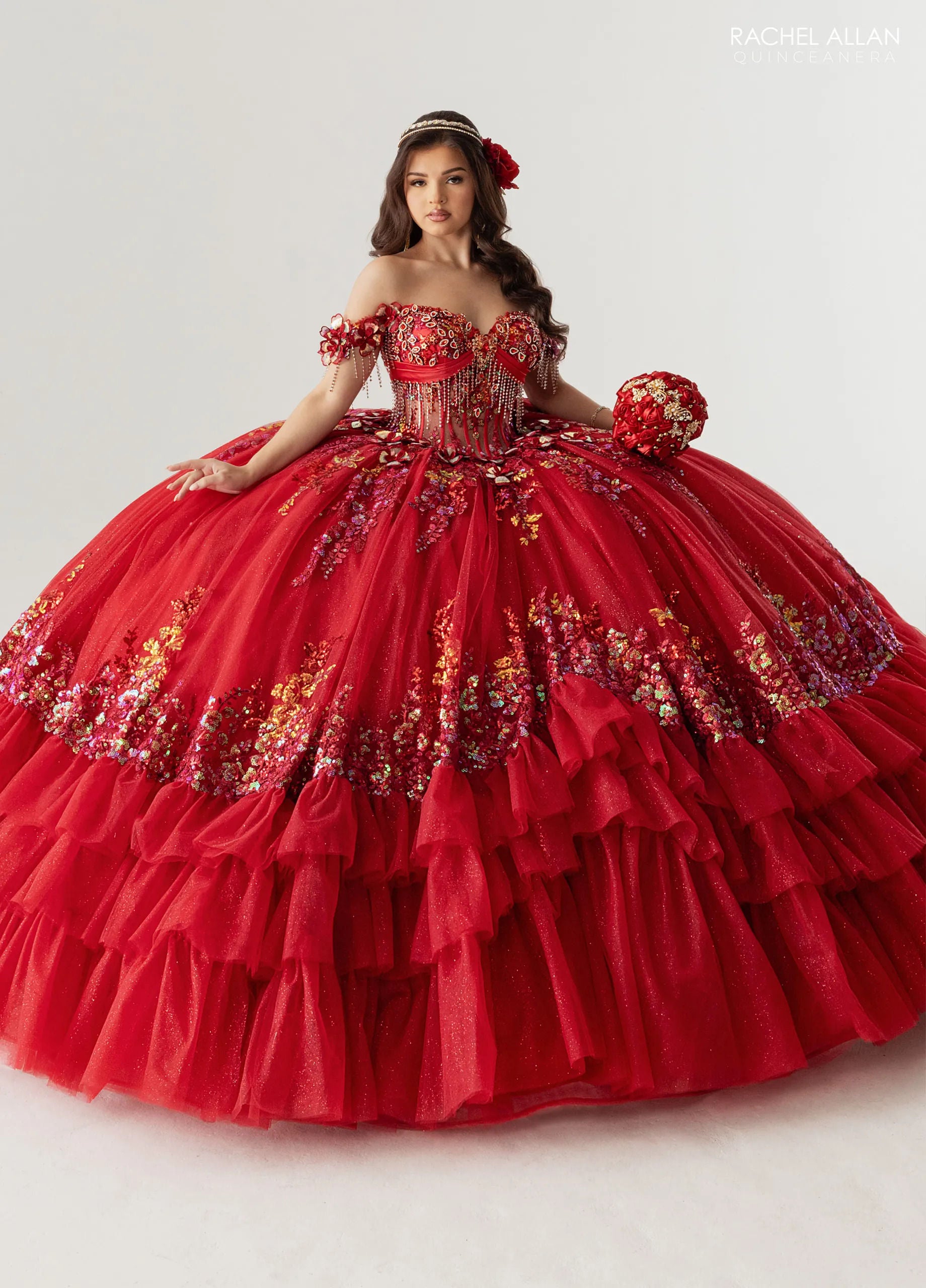 Deep Red Off-the-Shoulder Floor-Length Tulle Gown with Gold Sequin Embellishments Formal Gown Rachel Allan RQ6012