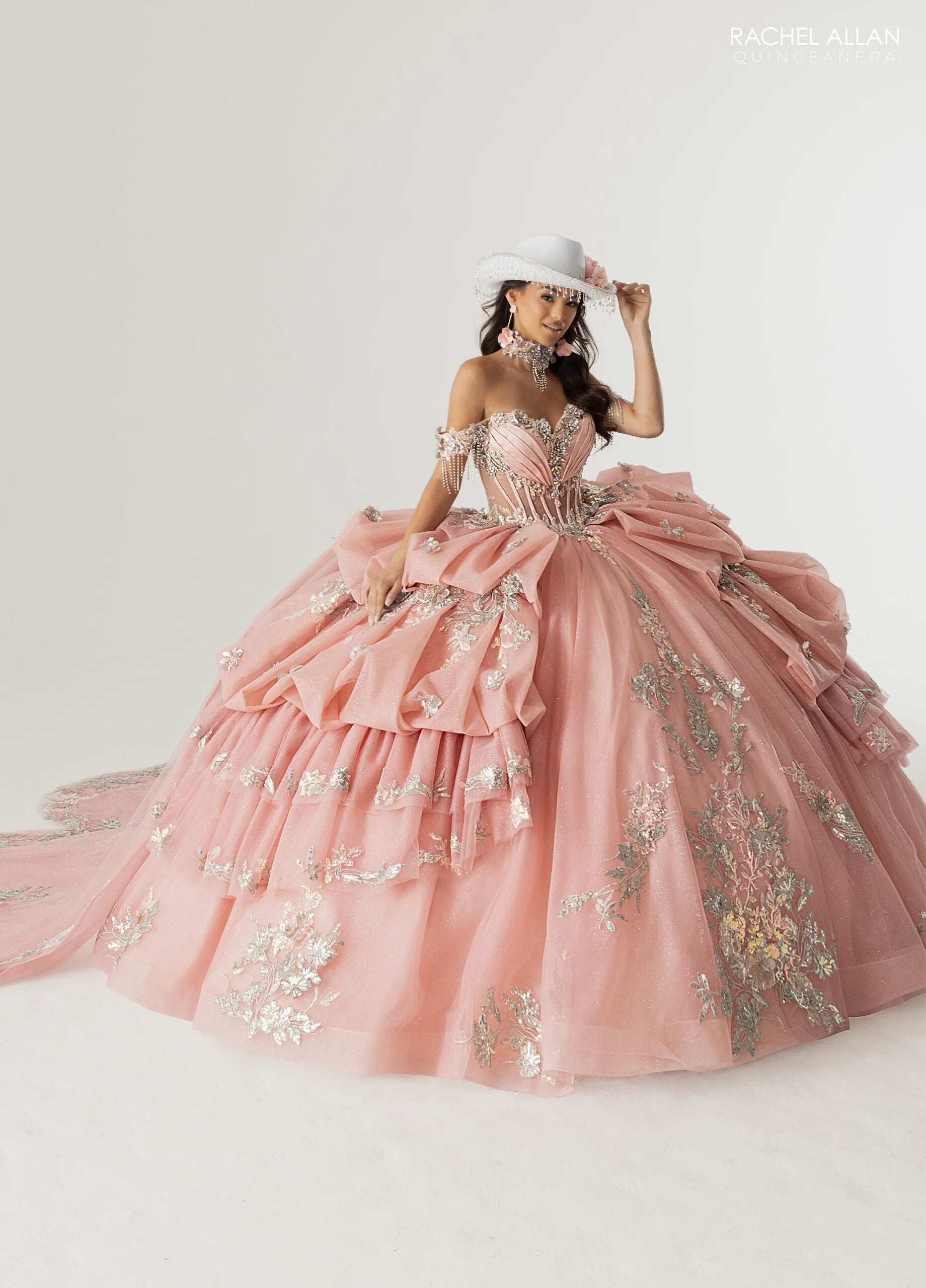 Rose Pink Silver Off-the-Shoulder Floor-Length Tulle Gown with Floral Embellishments Formal Gown Rachel Allan RQ6014