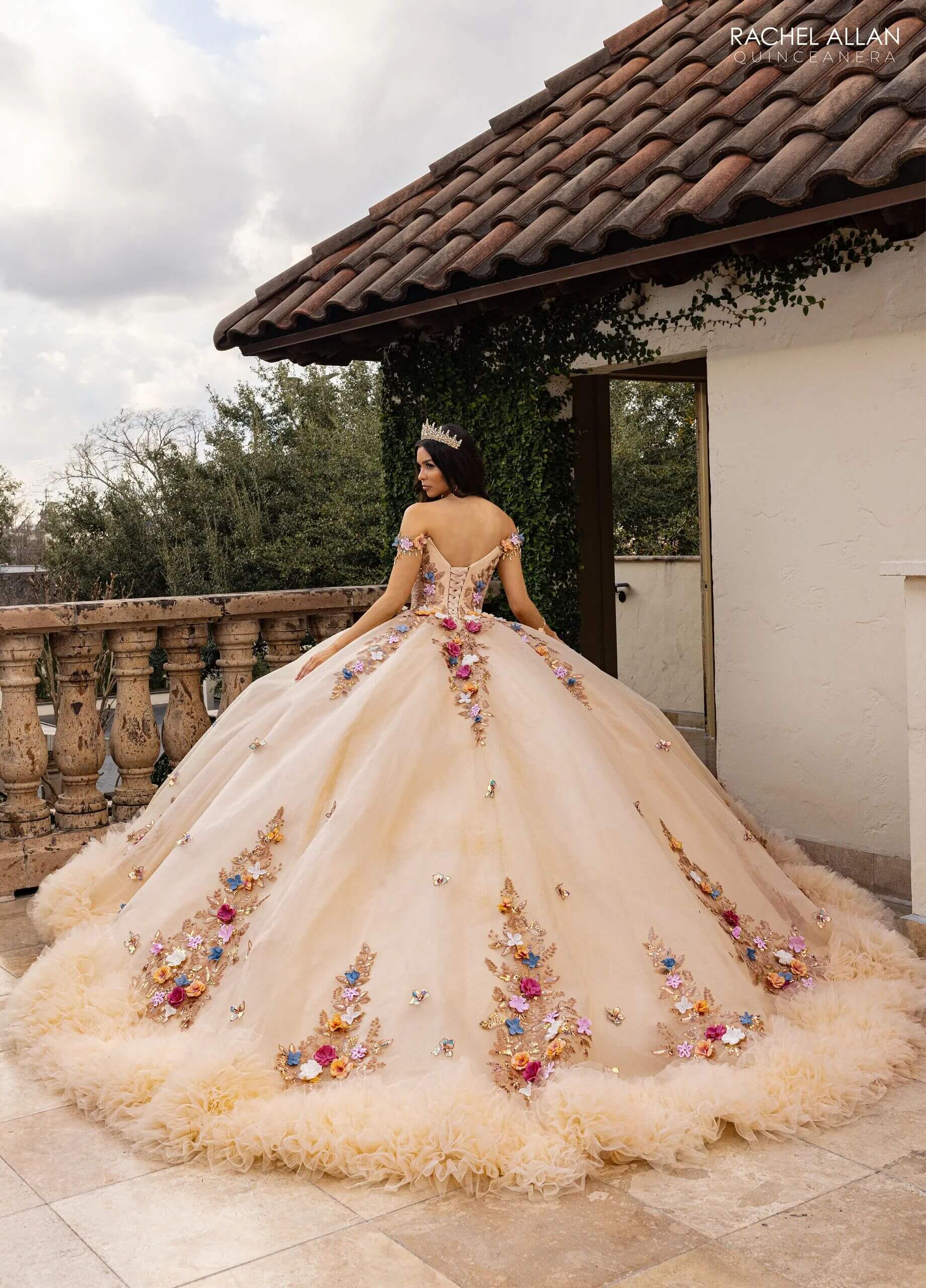 Blush Multi Sweetheart Floor Length Glitter Tulle Quinceanera Ball Gown with 3D Floral Applique Ruffled Hem Rachel Allan RQ6000