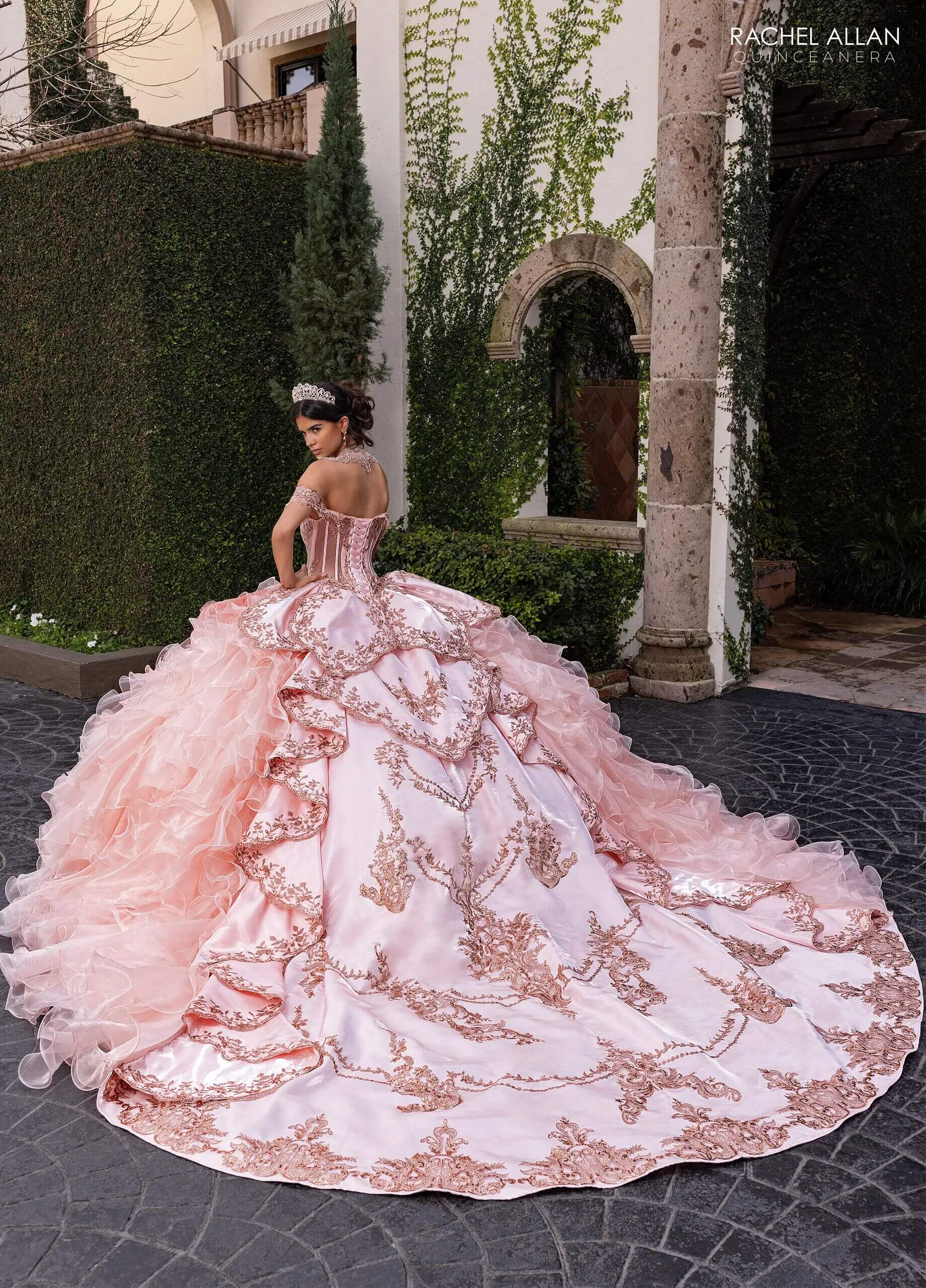 Rose Gold Off the Shoulder Floor Length Crystal Satin Quinceanera Ball Gown with Tiered Ruffle Train Rachel Allan RQ6004