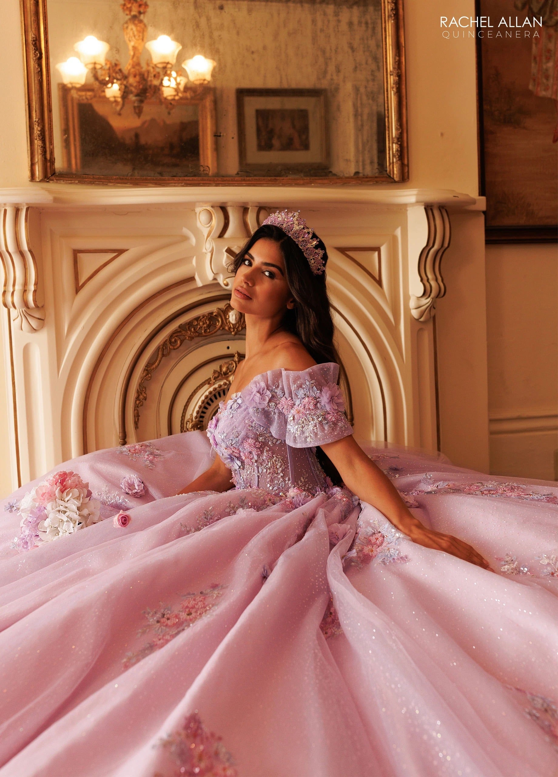 Off-the-Shoulder Floor-Length Tulle Quinceañe Ball Gown Rachel Allan RQ6022