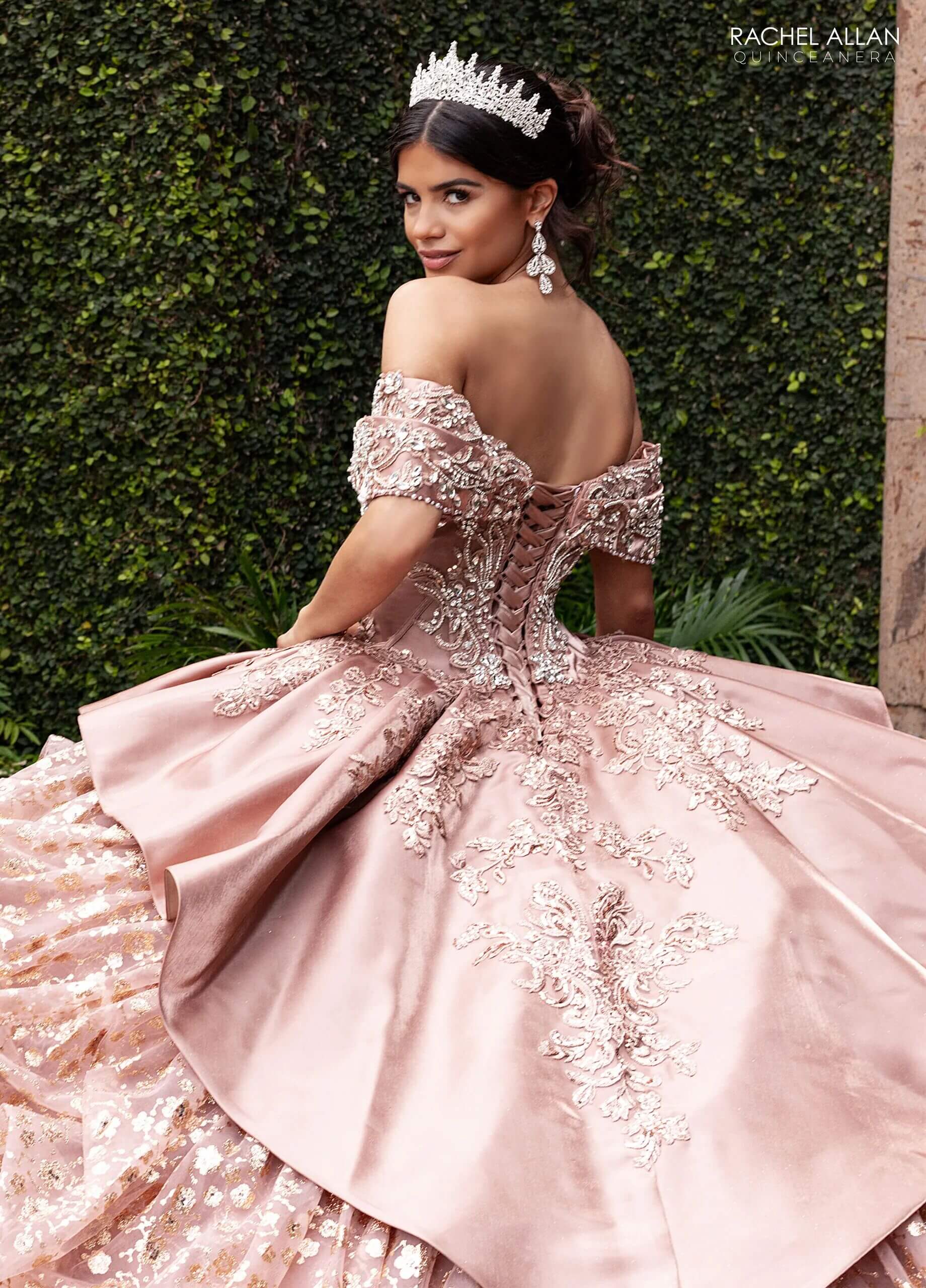Latte Off the Shoulder Floor Length Tulle Quinceanera Ball Gown with Beading Rachel Allan RQ6001