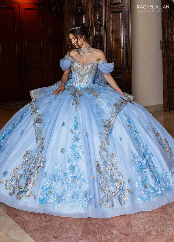 Off-the-Shoulder Floor-Length Sequin Quinceañera Dress with Floral Appliqué Rachel Allan RQ6010