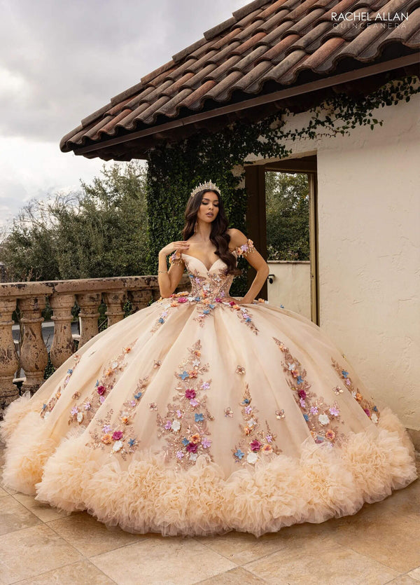 Sweetheart Floor Length Glitter Tulle Quinceanera Ball Gown with 3D Floral Applique Ruffled Hem Rachel Allan RQ6000