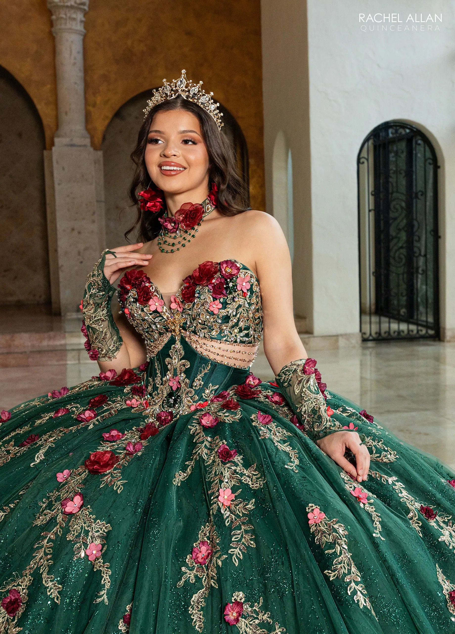 Champagne Multi Sweetheart Floor-Length Tulle Gown with Floral Embellishments Formal Gown Rachel Allan RQ6011