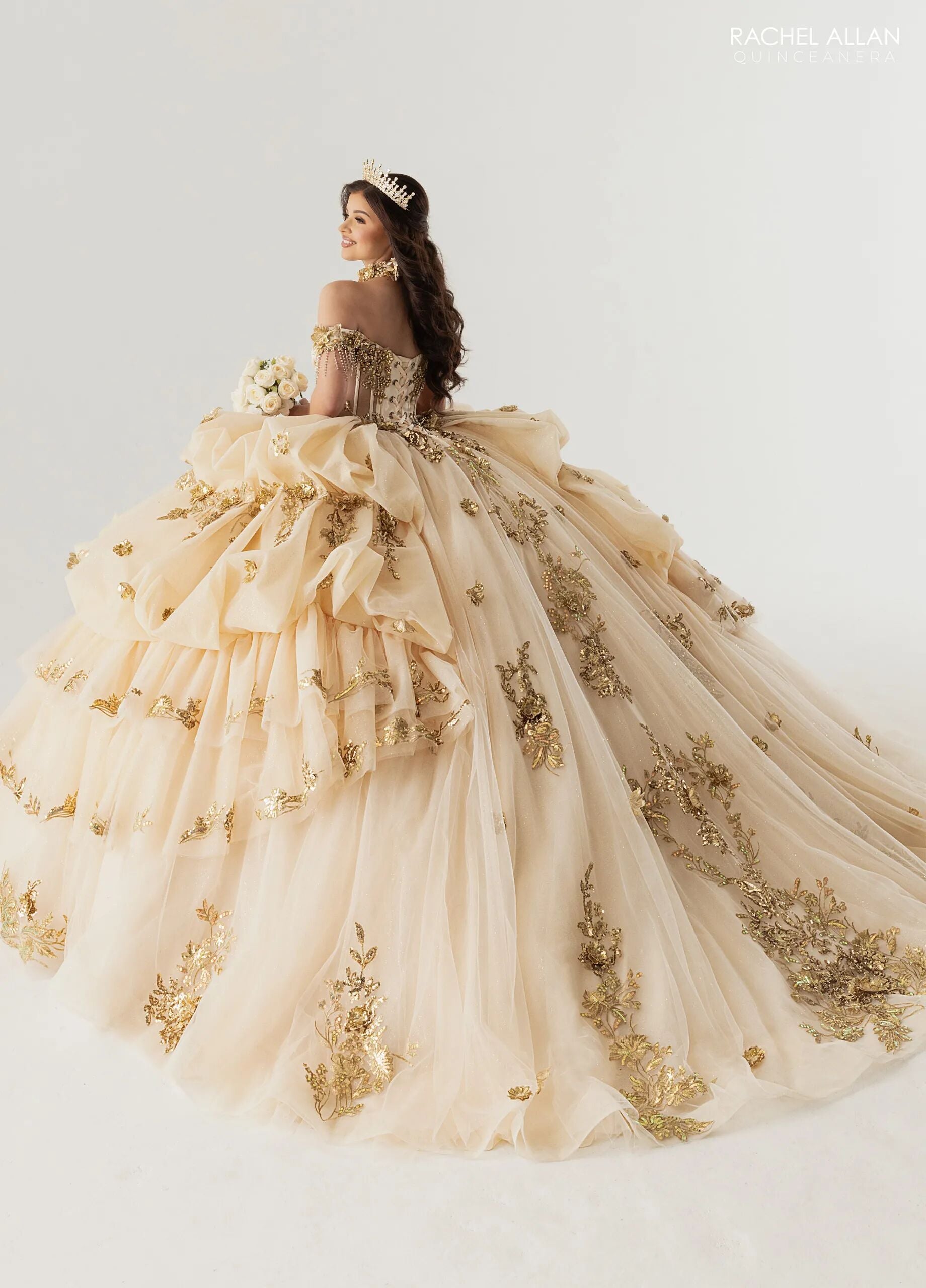 Champagne Gold Off-the-Shoulder Floor-Length Tulle Gown with Floral Embellishments Formal Gown Rachel Allan RQ6014