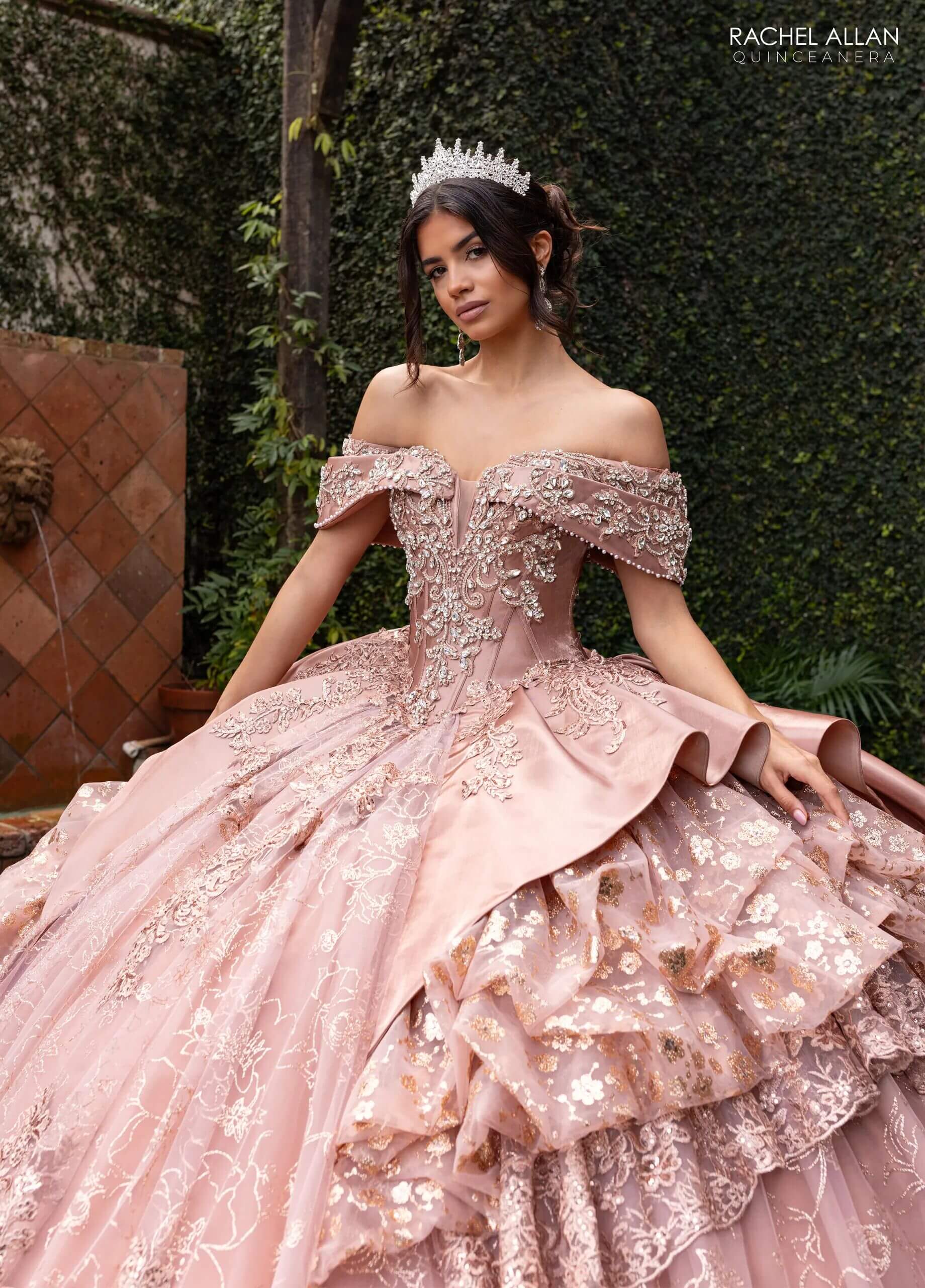 Latte Off the Shoulder Floor Length Tulle Quinceanera Ball Gown with Beading Rachel Allan RQ6001