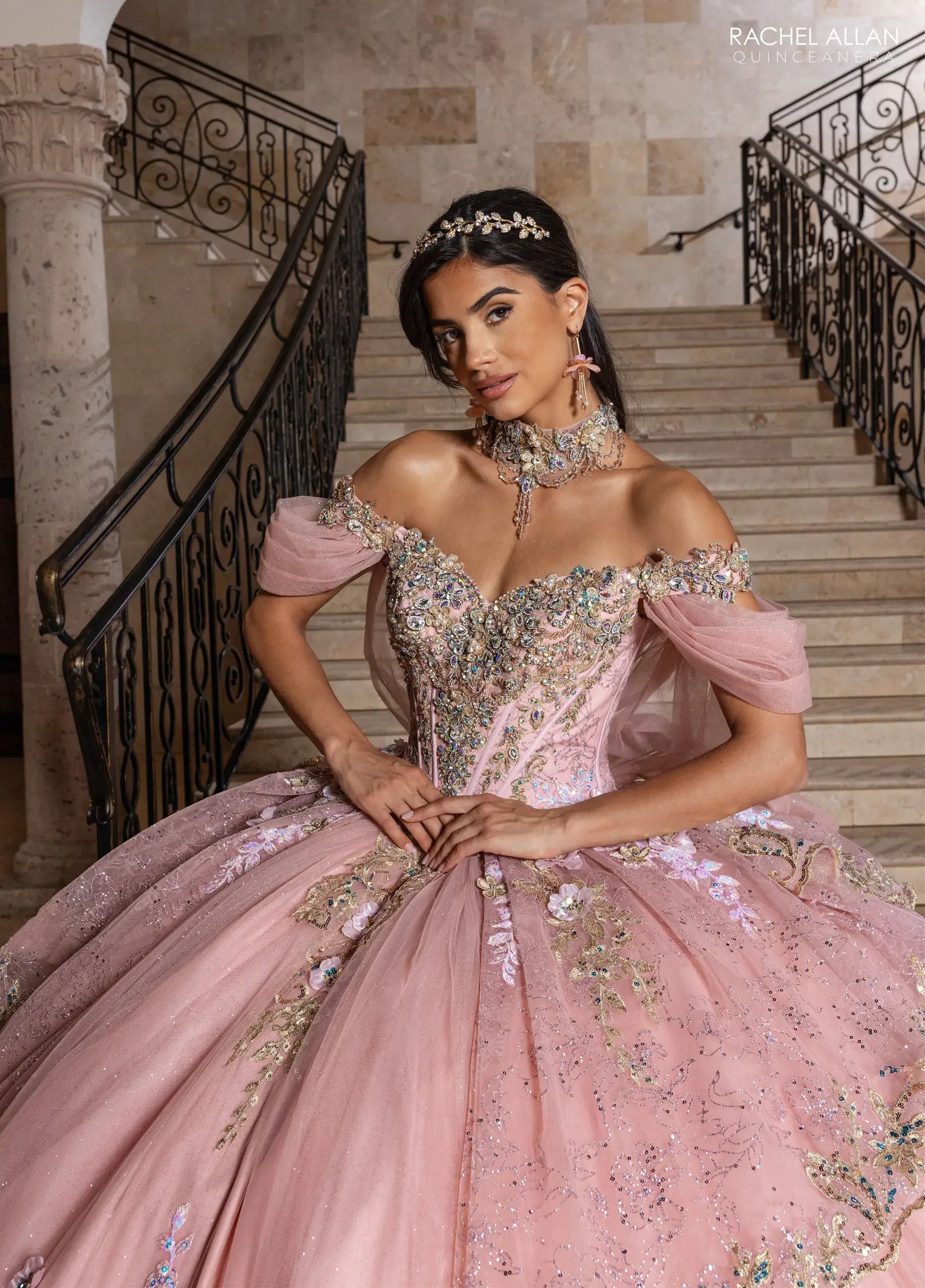 Rose Gold Off-the-Shoulder Floor-Length Sequin Quinceañera Dress with Floral Appliqué – Rachel Allan RQ6010