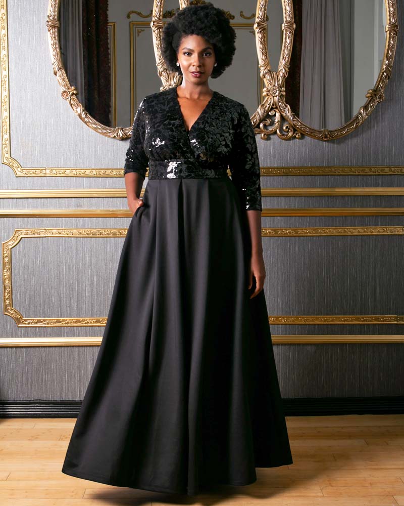 Plus Size Dresses Sequin Pleated Long Formal Plus Size Dress Kiyona 14190901 Onyx