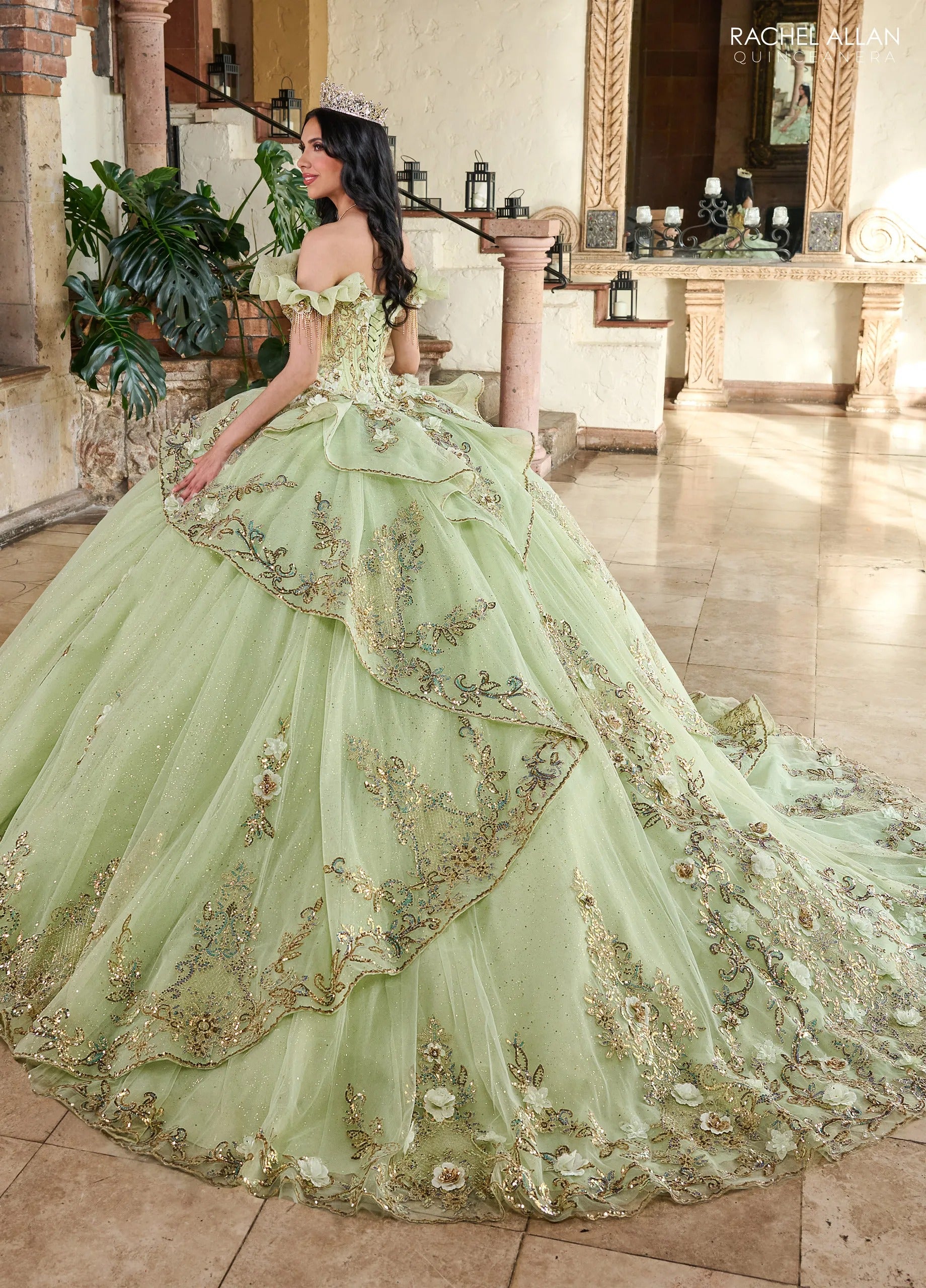 Sage Gold Sweetheart Floor Length Glitter Tulle Quinceanera Ball Gown Rachel Allan RQ3137