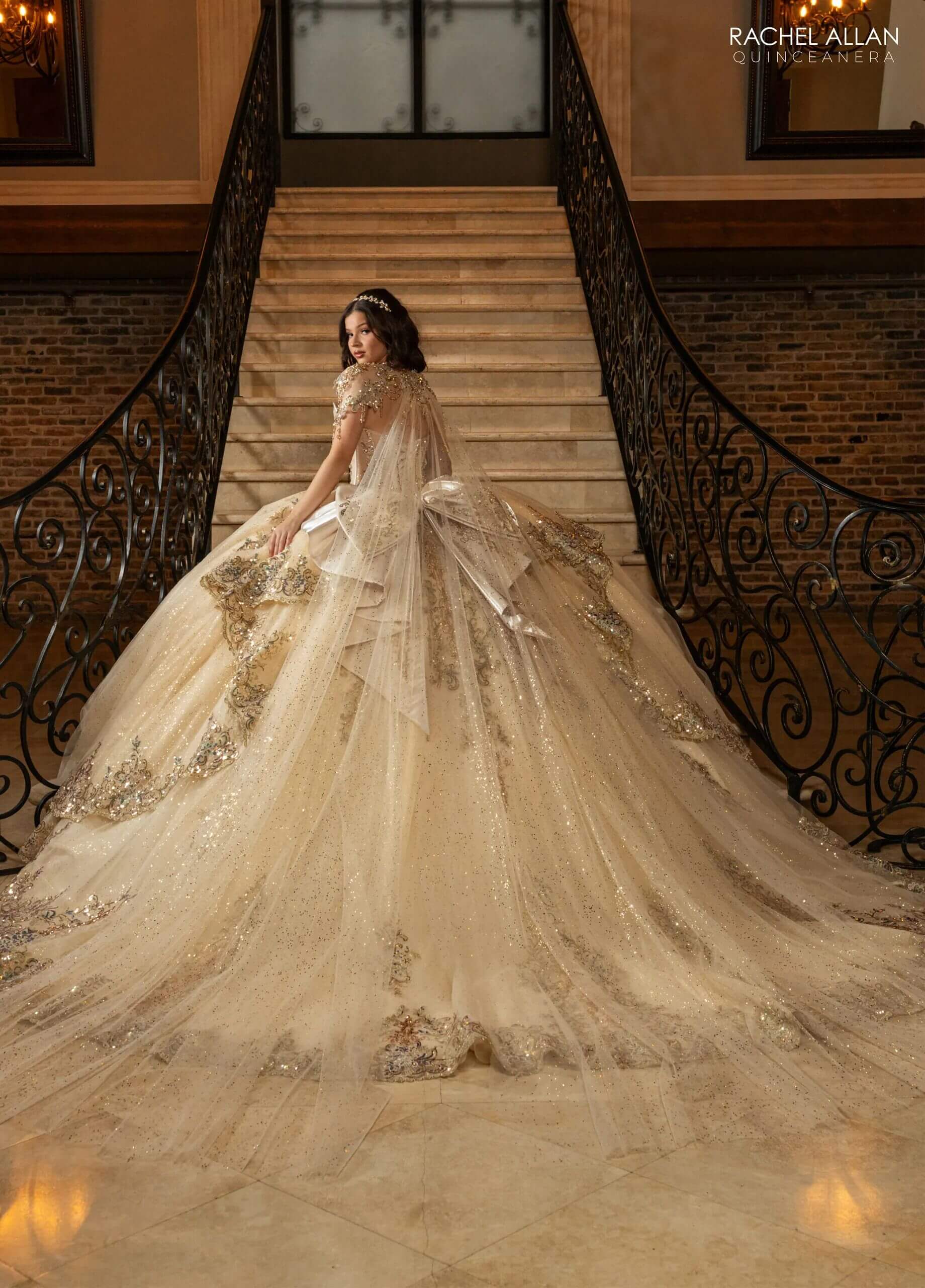 Champagne Gold Strapless Floor-Length Glitter Tulle Quinceañera Gown with Detachable Train and Bow Rachel Allan RQ3172