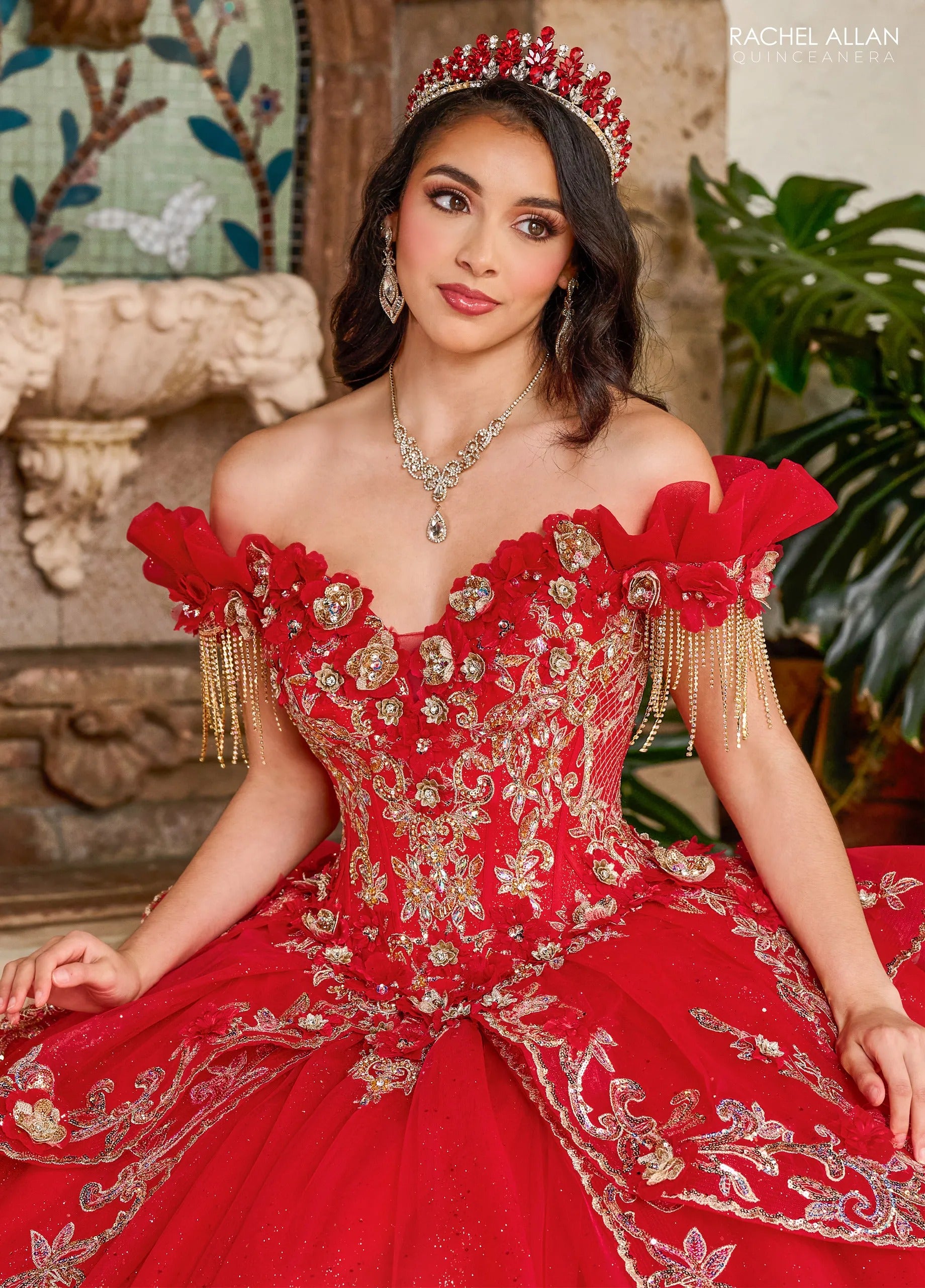 Red Gold Sweetheart Floor Length Glitter Tulle Quinceanera Ball Gown Rachel Allan RQ3137