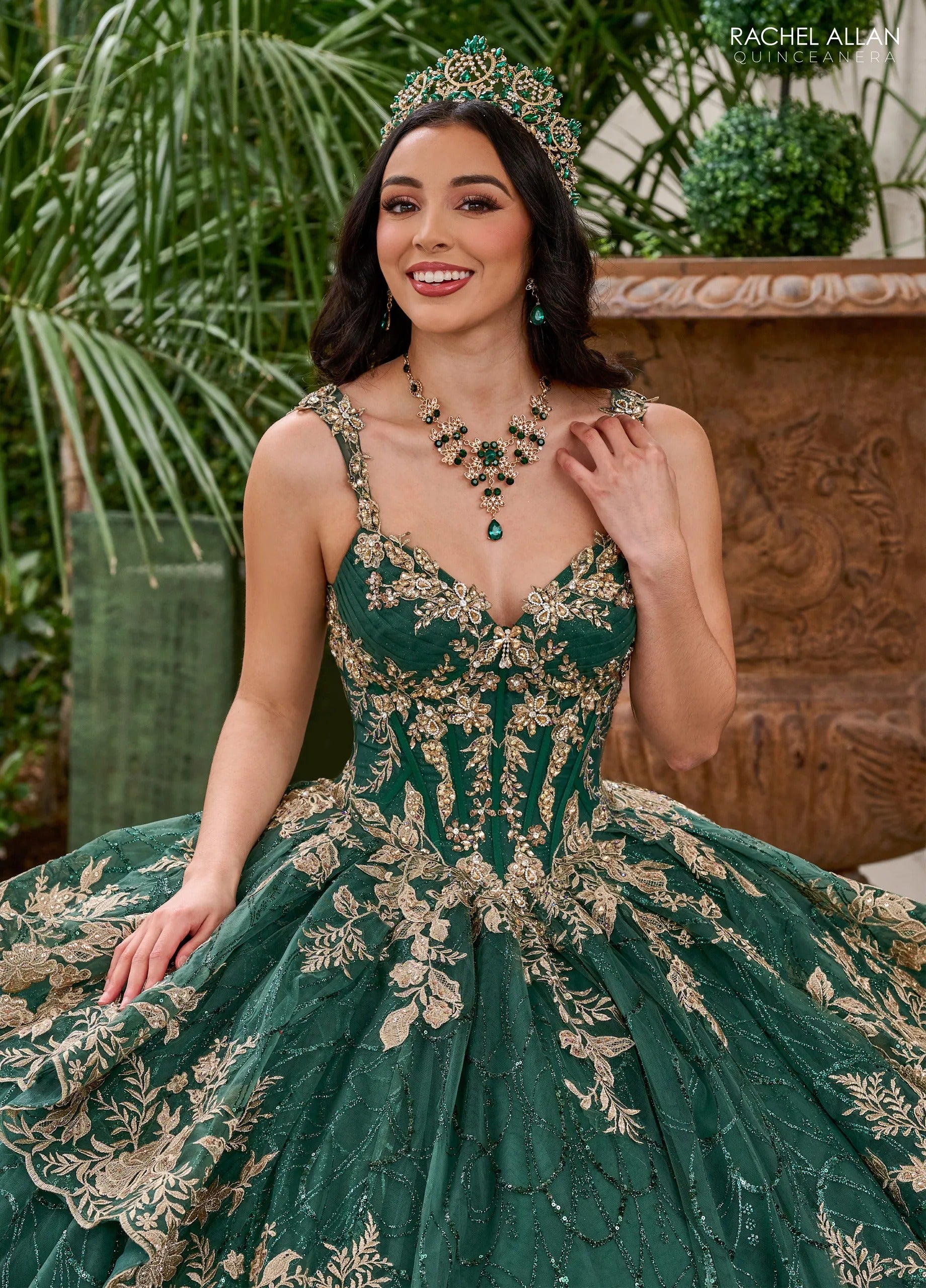 Emerald Gold V Neck Floor Length Glitter Tulle Quinceanera Ball Gown with 3D Floral Applique Rachel Allan RQ3140