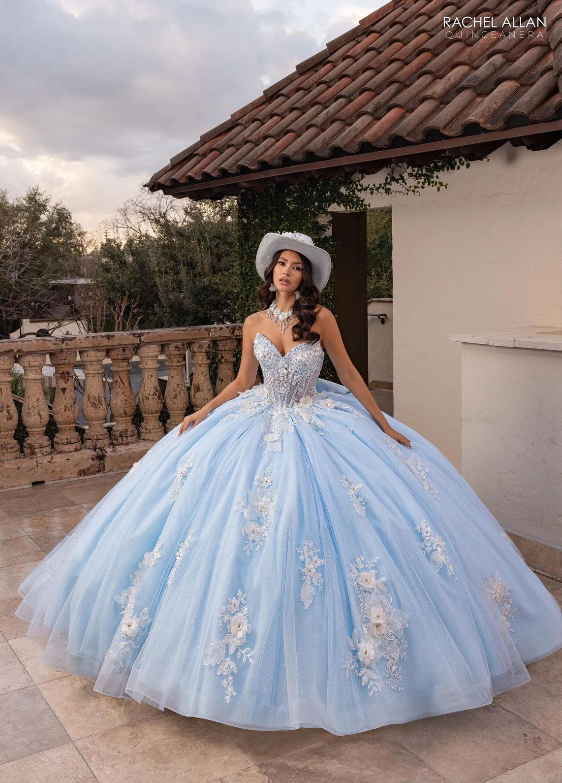 Powder Blue White Sweetheart Floor Length Glitter Tulle Quinceanera Ball Gown with Floral Applique Rachel Allan RQ3156
