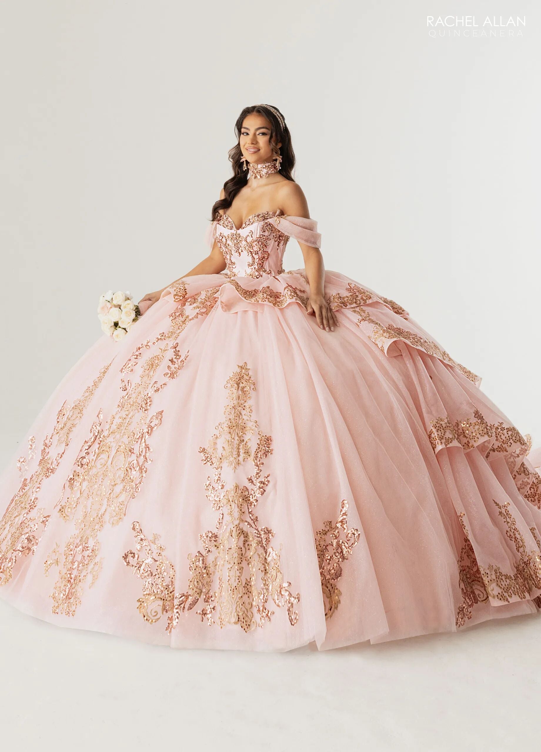 Blush Rose Gold Sweetheart Floor-Length Glitter Tulle Quinceañera Gown with Detachable Train Rachel Allan RQ3175