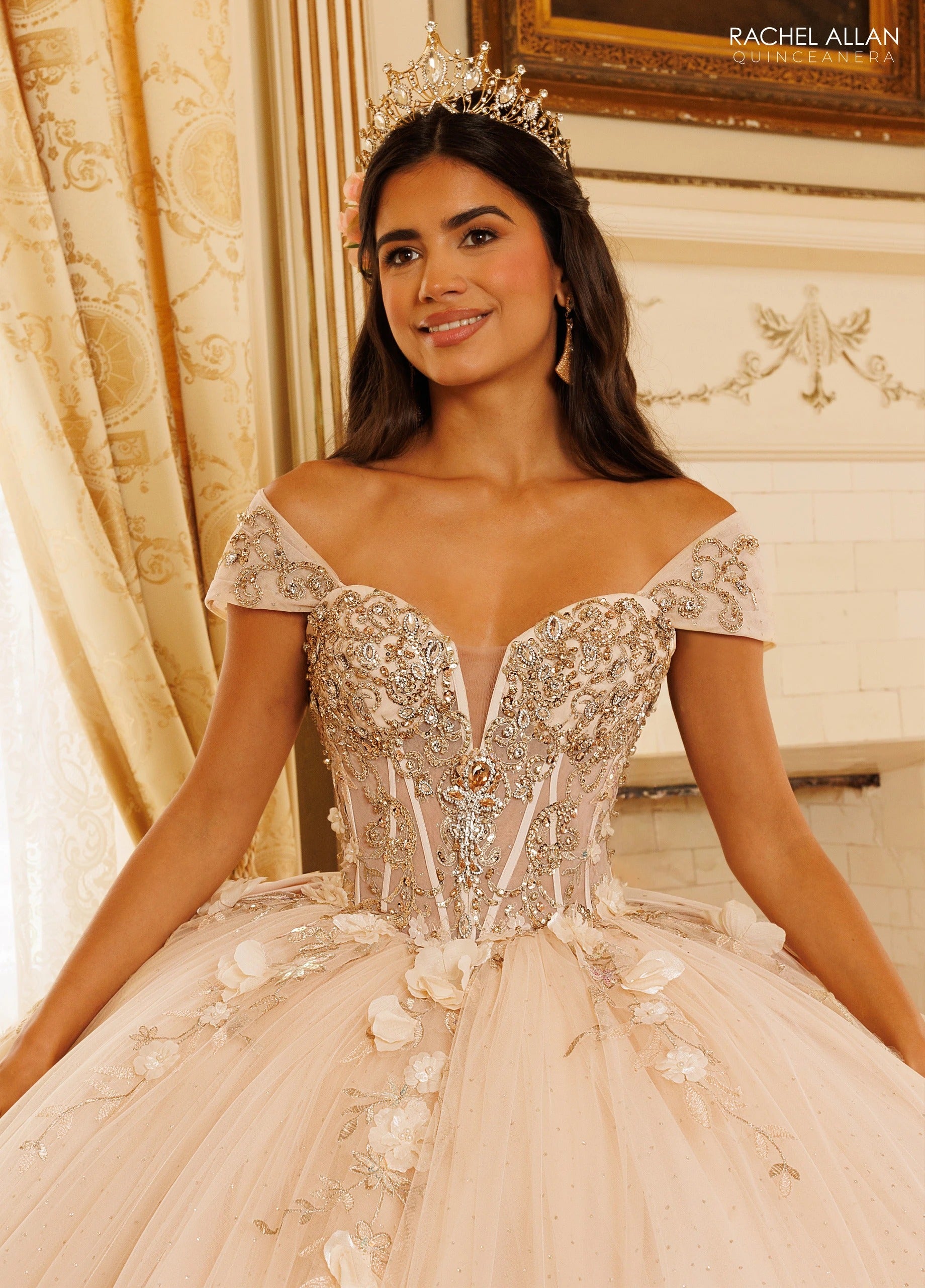Off-the-Shoulder Floor-Length with T in Tulle Quinceañe Ball Gown Rachel Allan RQ3180
