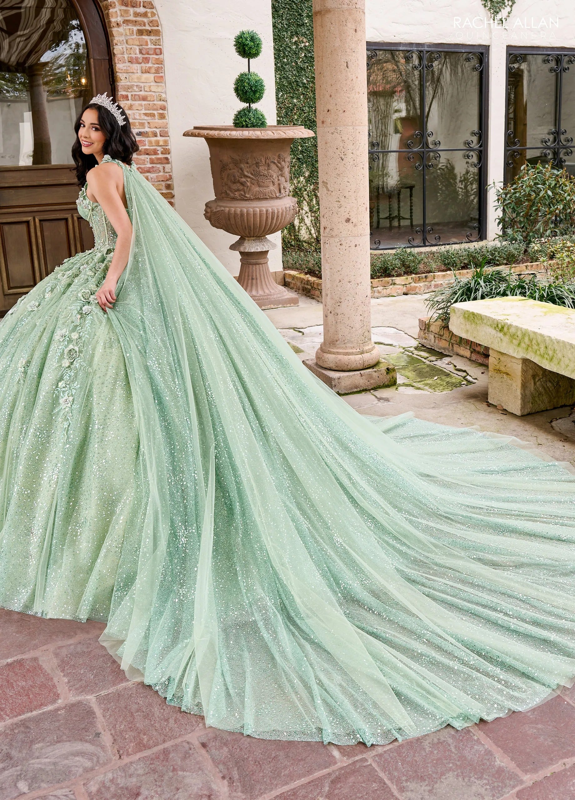 Sage Sweetheart Floor Length Sequin Tulle Quinceanera Ball Gown with Floral Applique Rachel Allan RQ3135