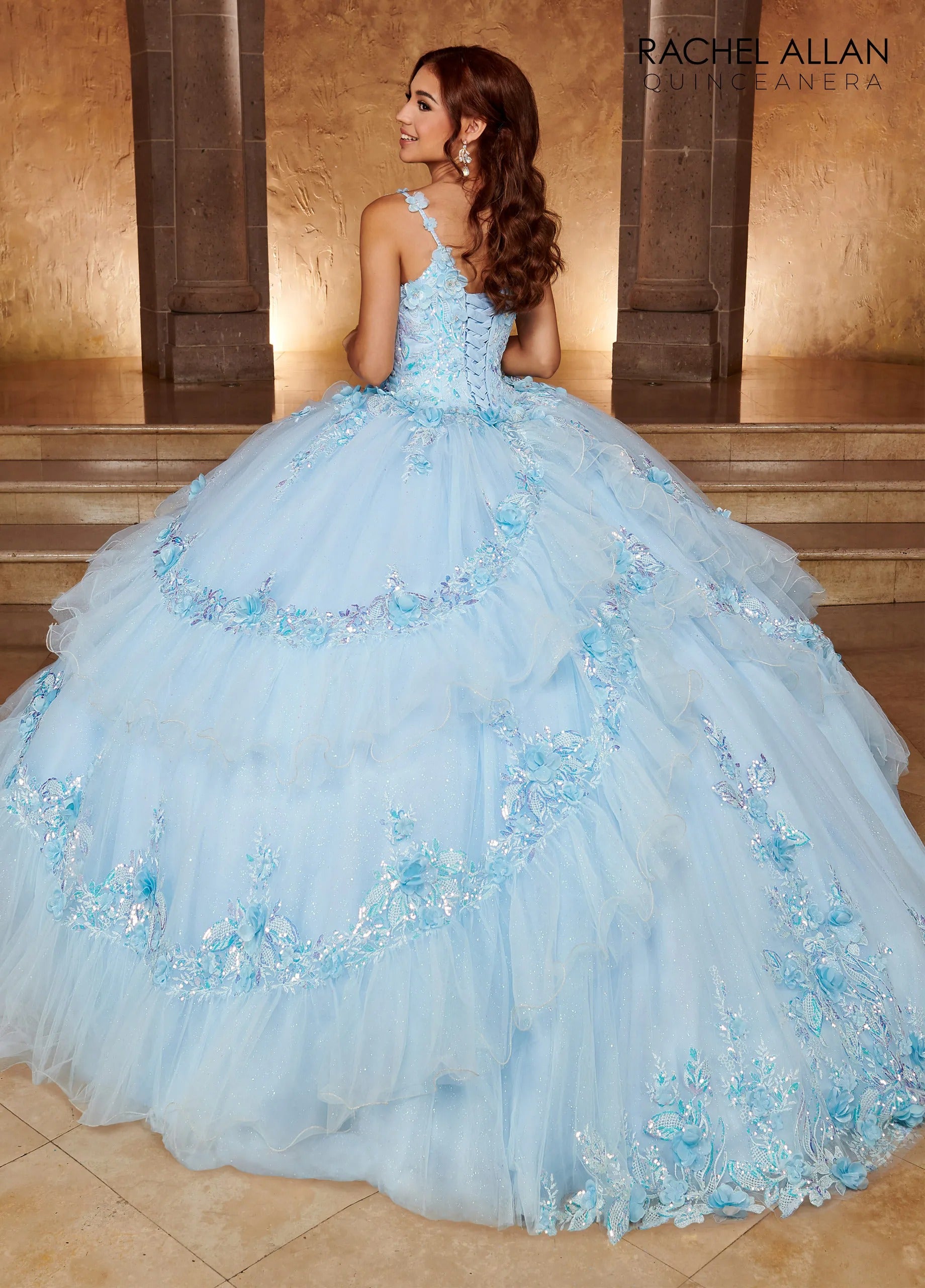 Light Blue Sweetheart Floor Length Glitter Tulle Quinceanera Ball Gown with Tiered Ruffle Skirt Rachel Allan RQ3103