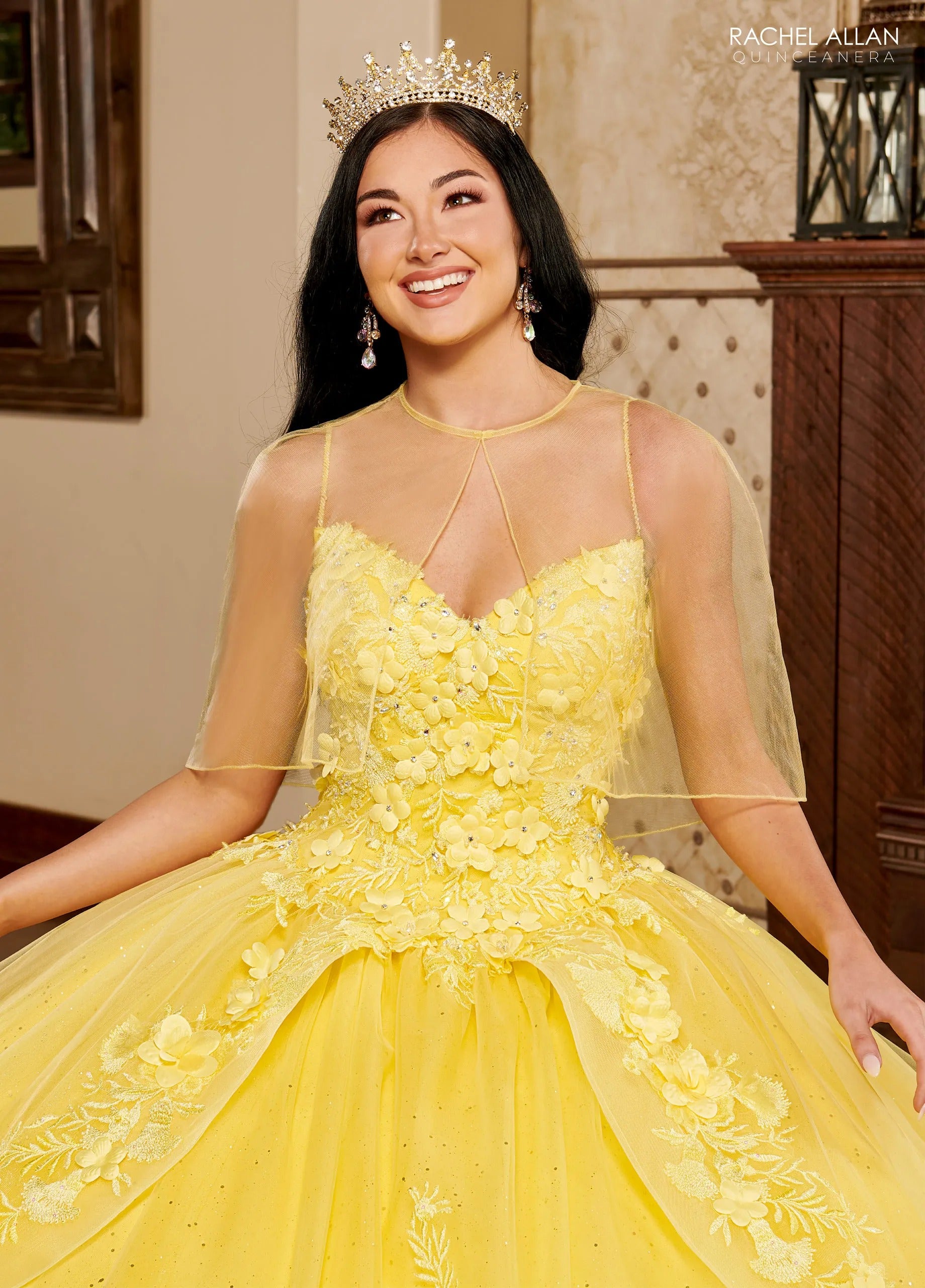 Yellow Sweetheart Floor Length Glitter Tulle Quinceanera Ball Gown with 3D Floral Appliques Rachel Allan MQ3098
