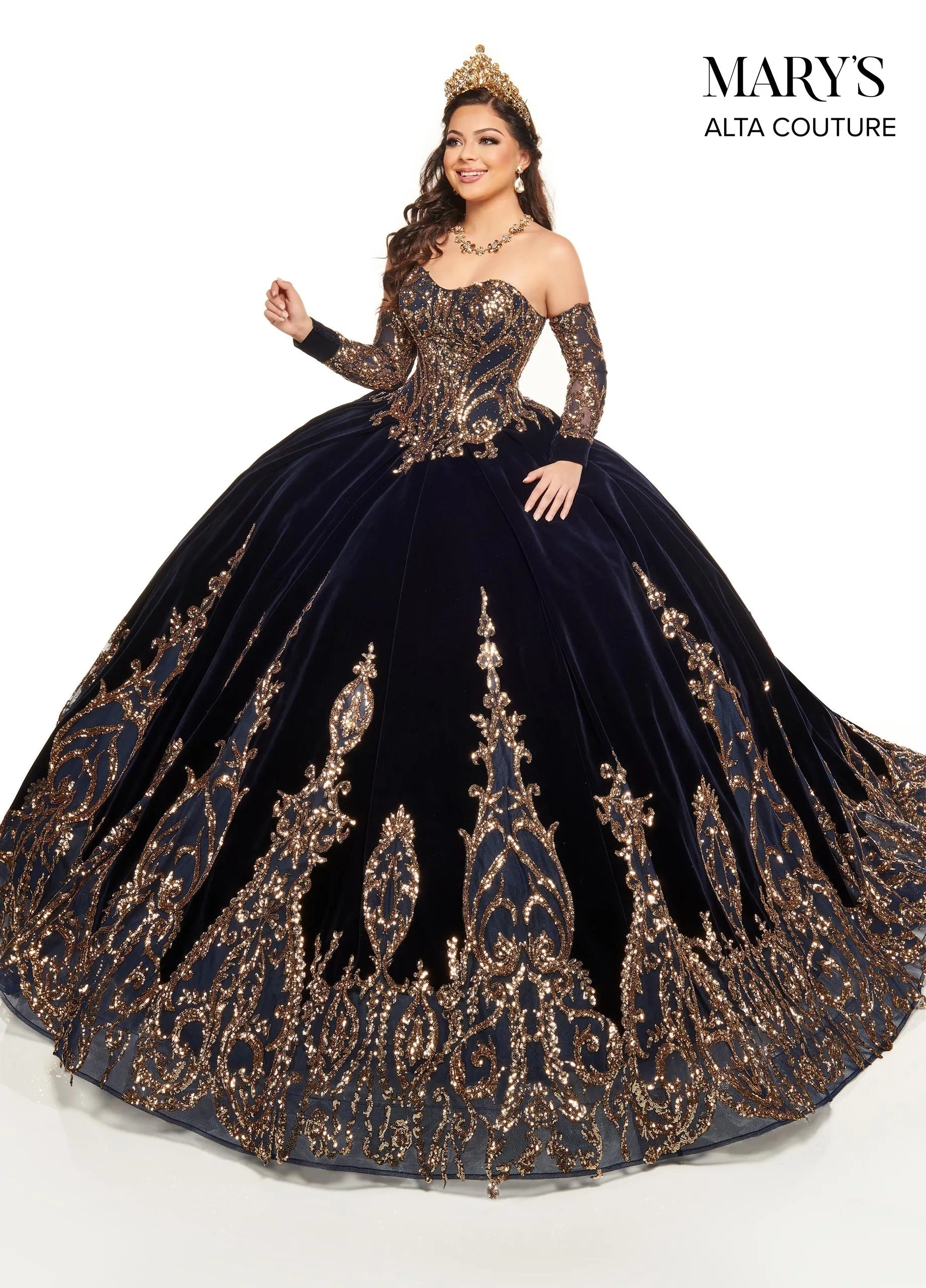 Navy Gold Strapless Floor-Length Luxe Velvet Quinceanera Ball Gown with Metallic Applique Rachel Allan MQ3051 Rachel Allan MQ3051