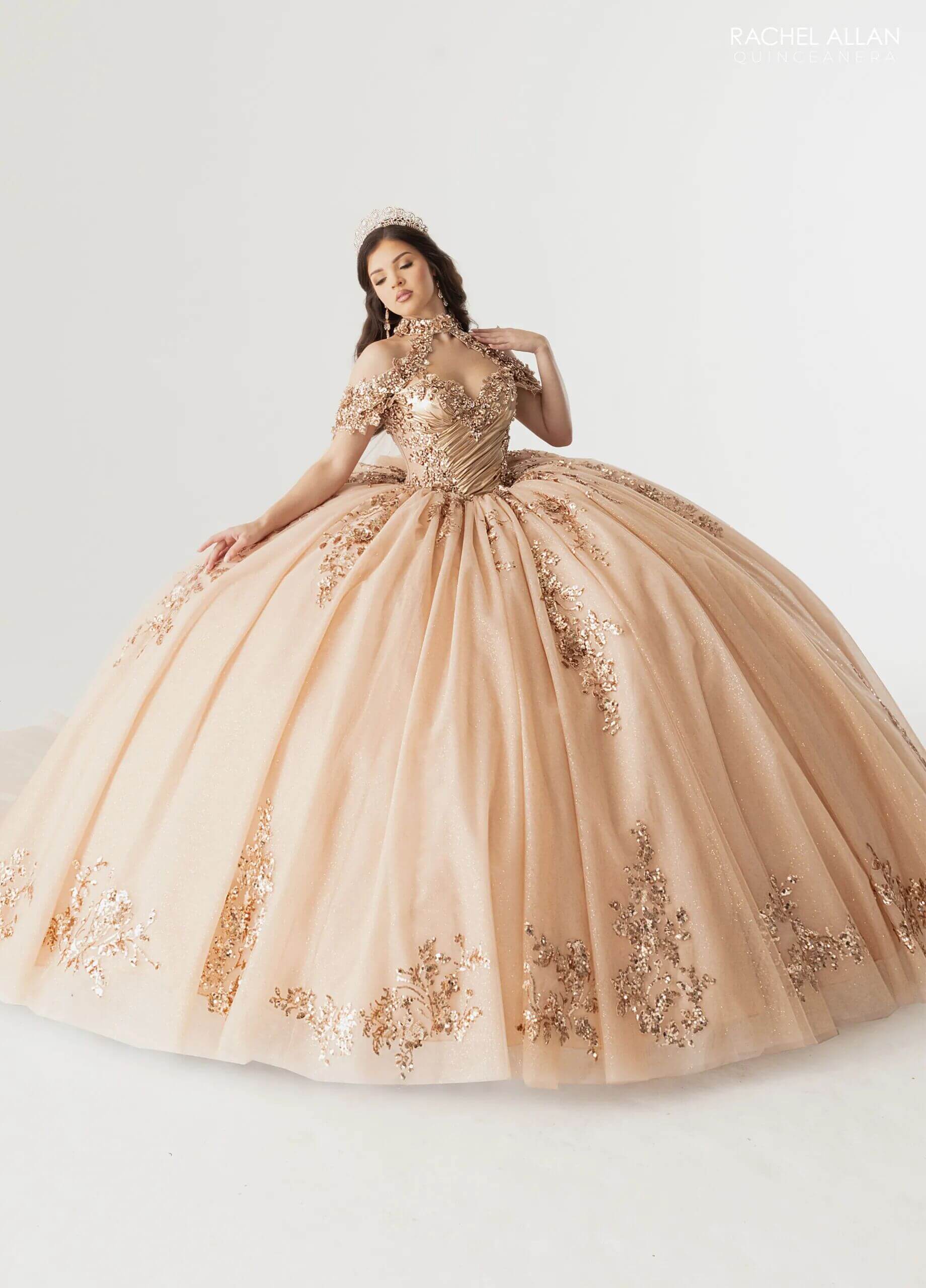 Rose Gold Off the Shoulder Floor Length Glitter Tulle Quinceanera Ball Gown Rachel Allan RQ3178