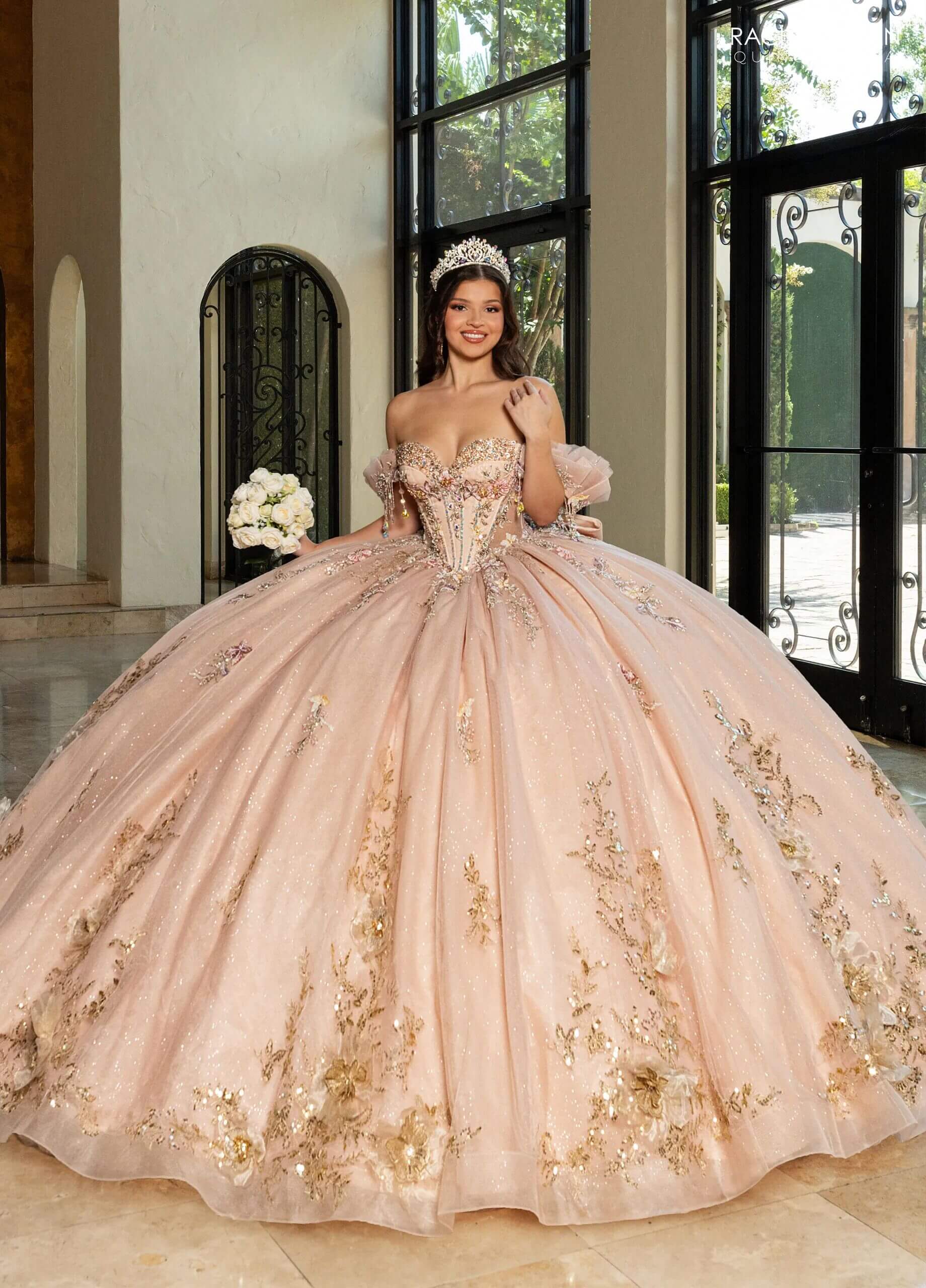 Champagne Multi Sweetheart Floor-Length Glitter Tulle Quinceañera Gown with Detachable Train and Bow Rachel Allan RQ3174