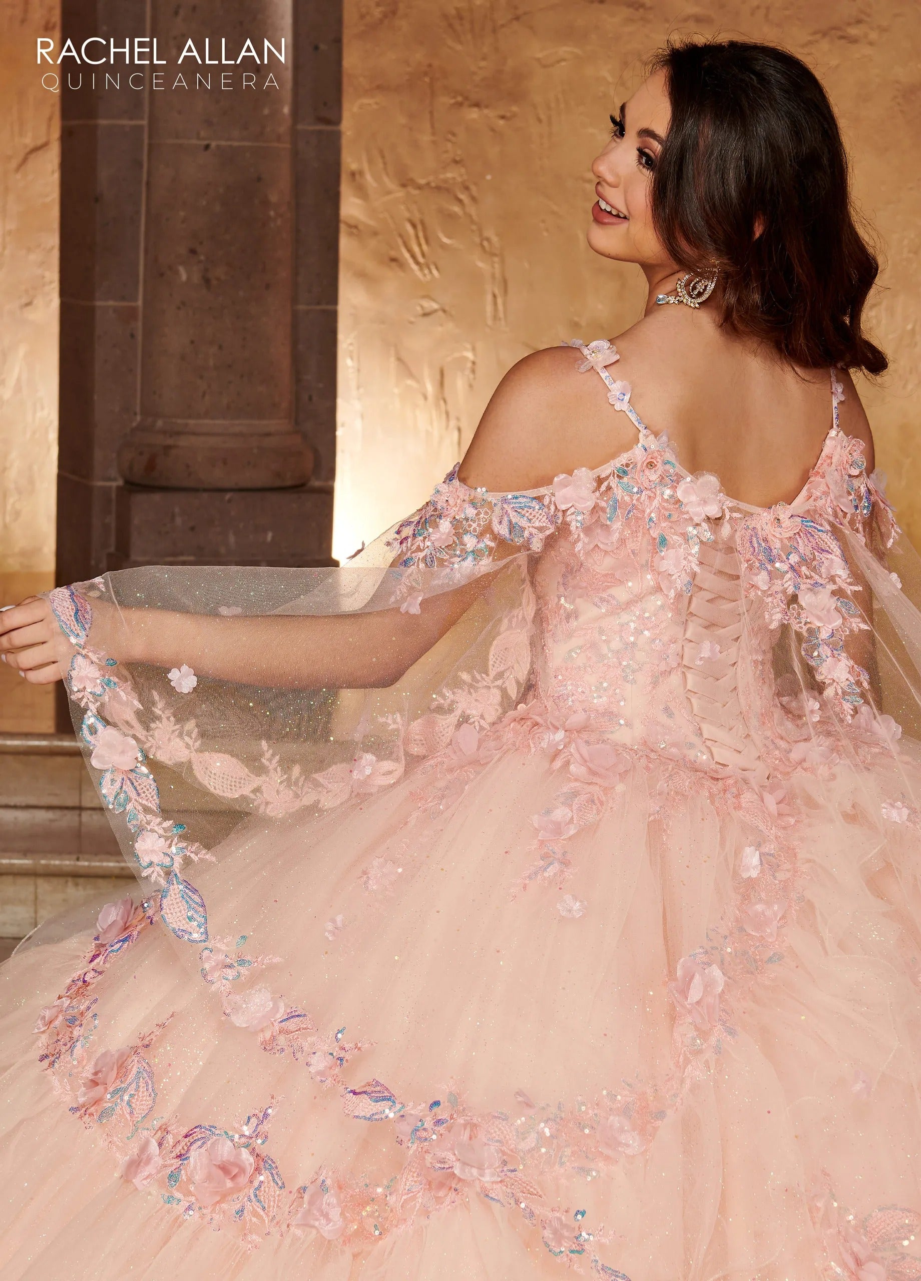 Blush Sweetheart Floor Length Glitter Tulle Quinceanera Ball Gown with Tiered Ruffle Skirt Rachel Allan RQ3103
