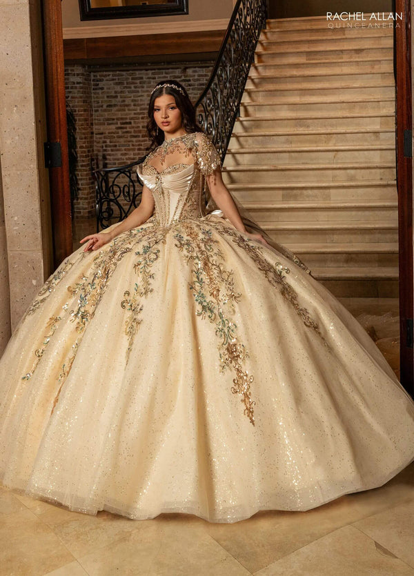 Strapless Floor-Length Glitter Tulle Quinceañera Gown with Detachable Train and Bow Rachel Allan RQ3172