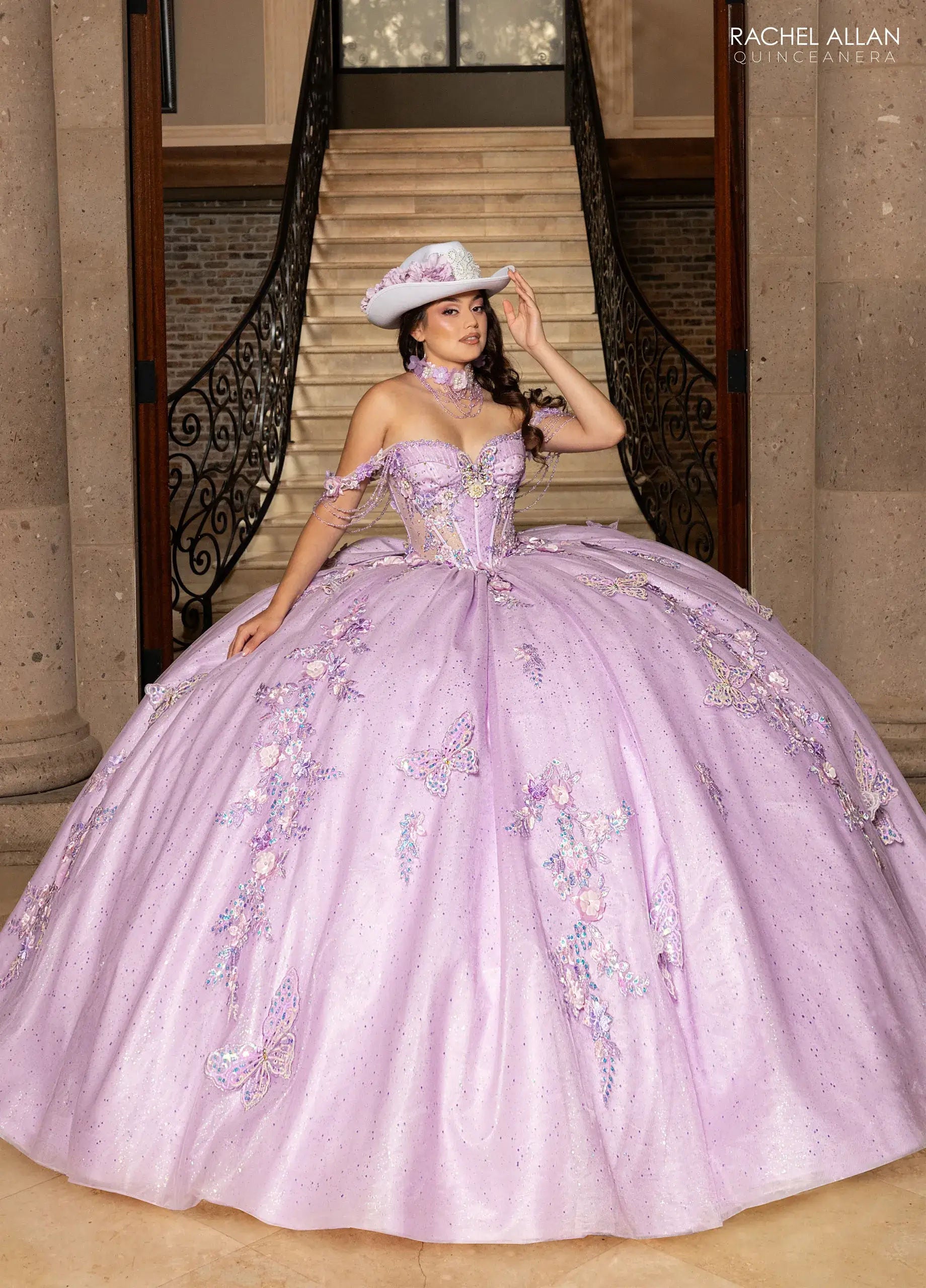 Quinceniera Dresses Off-the-Shoulder Floor-Length Tulle Gown with Corset Bodice Quinceañera Gown Rachel Allan RQ3176 Lilac