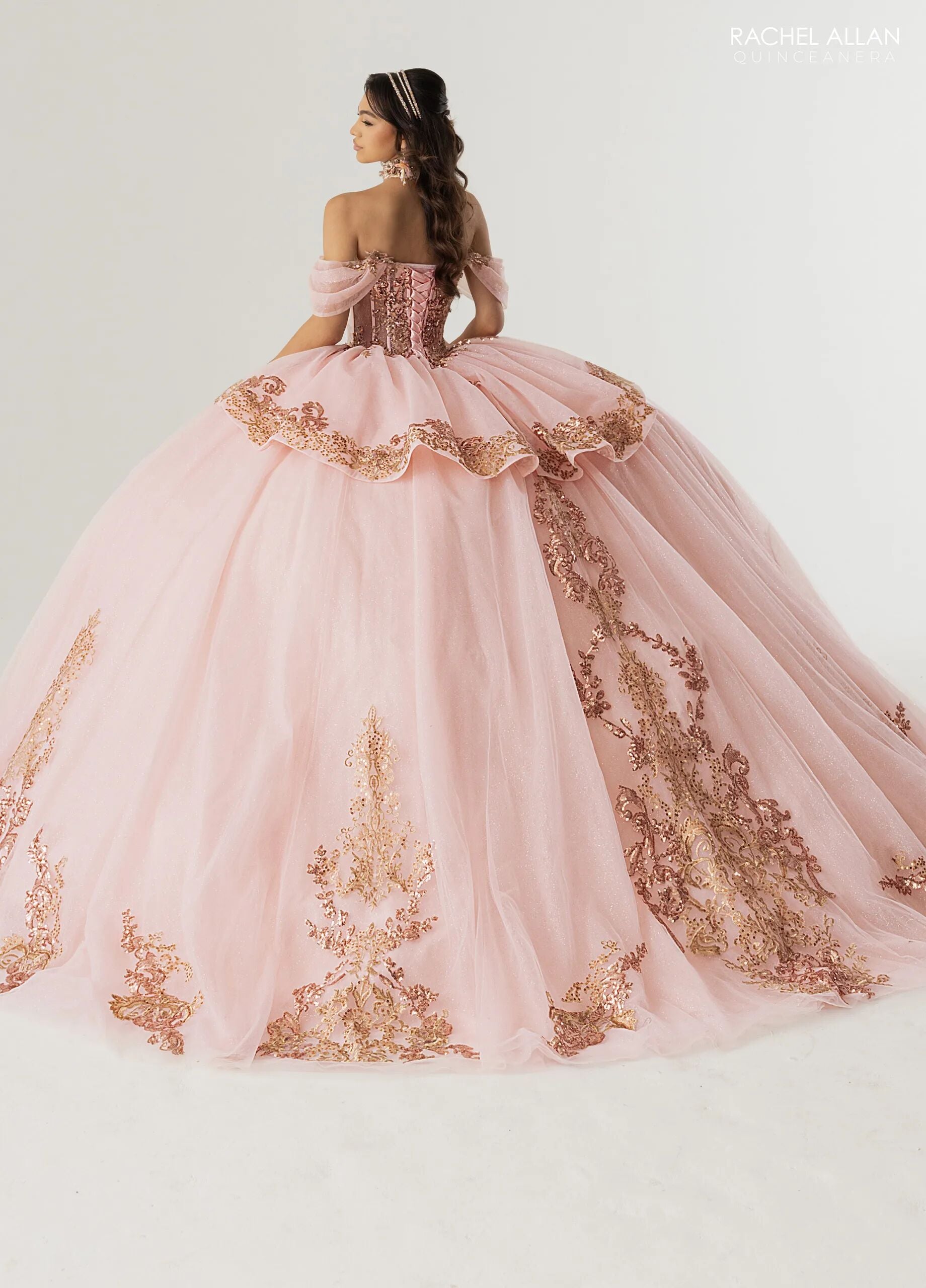 Blush Rose Gold Sweetheart Floor-Length Glitter Tulle Quinceañera Gown with Detachable Train Rachel Allan RQ3175
