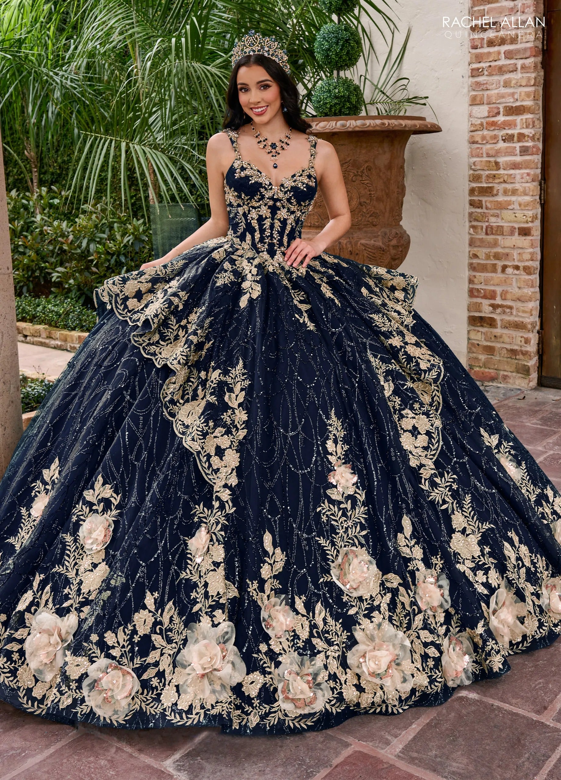 Navy Gold V Neck Floor Length Glitter Tulle Quinceanera Ball Gown with 3D Floral Applique Rachel Allan RQ3140